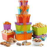 Broadway Basketeers Gourmet Food Gift Basket Tower for Birthdays - Curated Snack Box, Sweet and Savory Treats for Parties, Best Wishes, Birthday