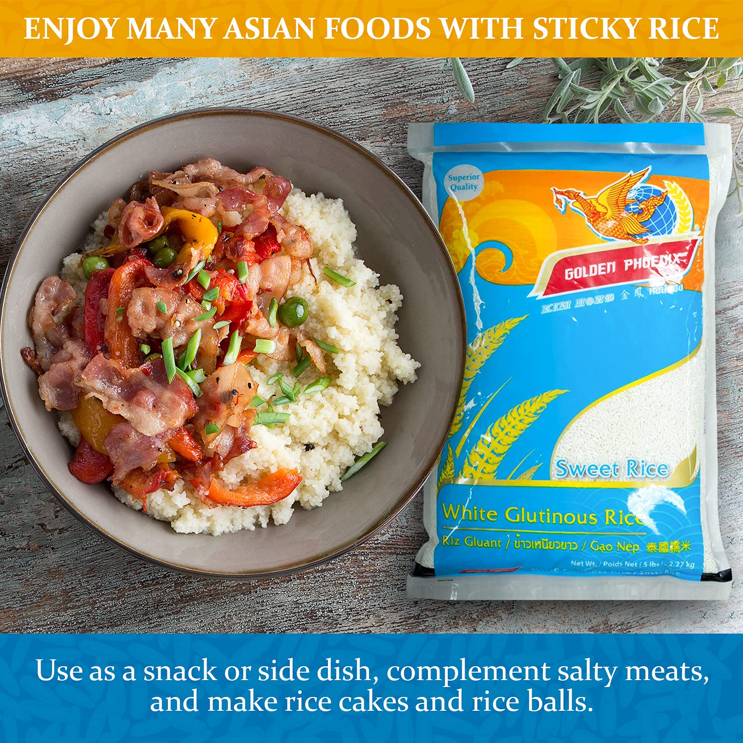 Golden Phoenix Thai Sweet Rice - Premium Sticky Rice for Desserts or Rice Cakes, Great for Gluten-Free Diets, 5 Pounds (Pack of 1)