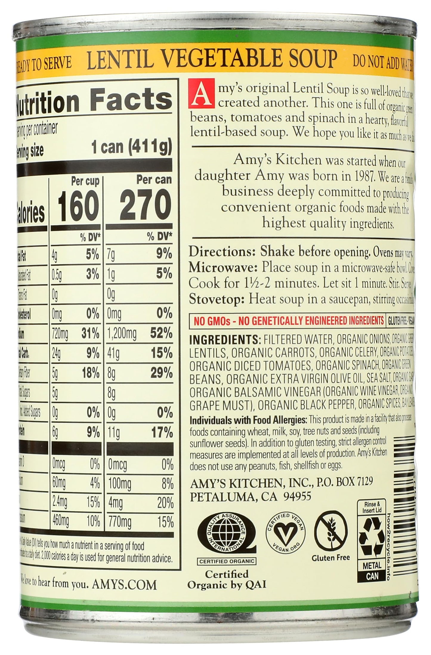 Amy's Organic Lentil Vegetable Soup, 14.5 OZ