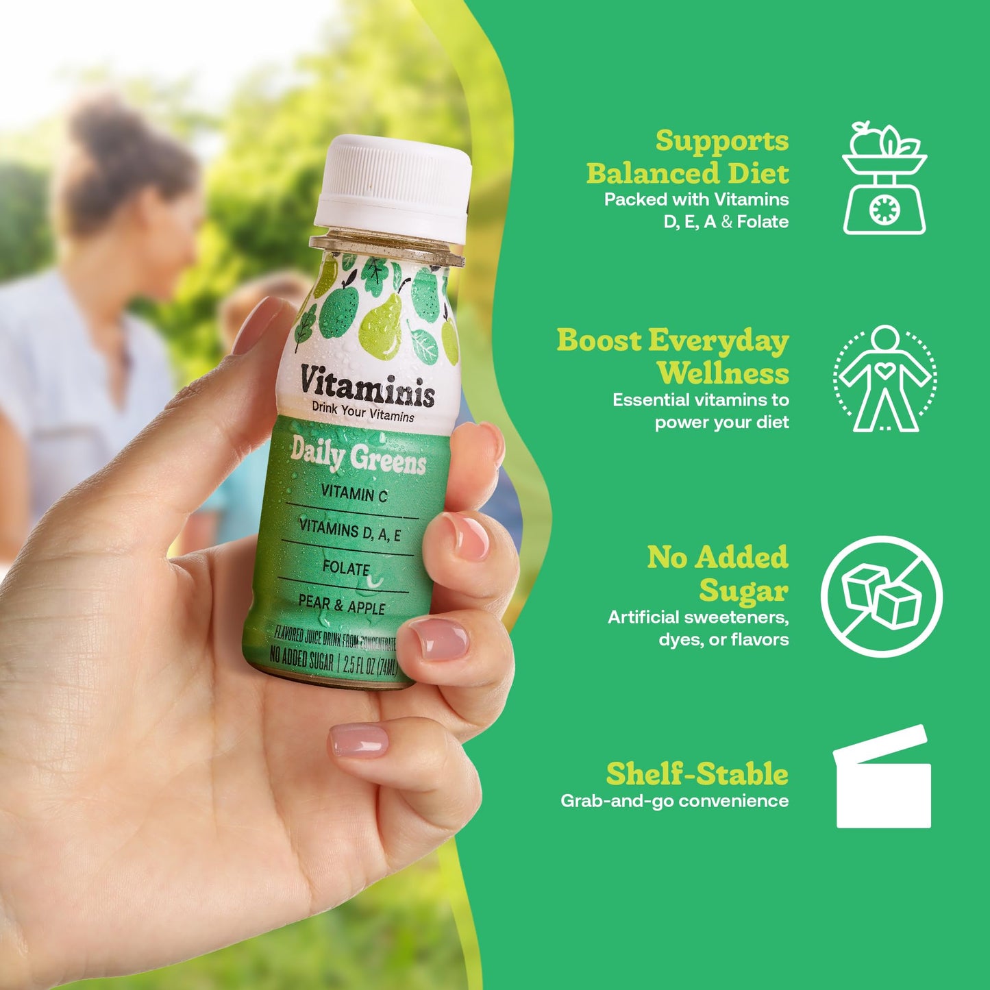 Vitaminis Daily Greens Drink - Apple Pear Juice with Vitamins C, D, A, E & Folate - No Added Sugar - Non-GMO - Gluten-Free - Shelf-Stable Mini Bottles