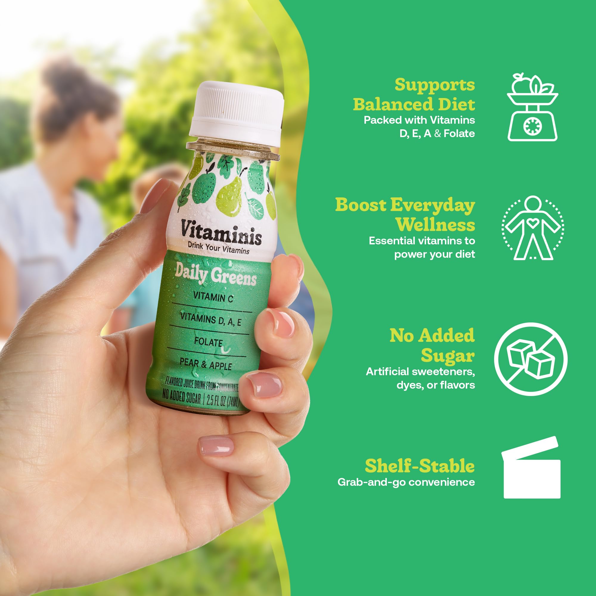 Vitaminis Daily Greens Drink - Apple Pear Juice with Vitamins C, D, A, E & Folate - No Added Sugar - Non-GMO - Gluten-Free - Shelf-Stable Mini Bottles