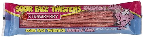 Face Twisters Sour Bubble Gum Straws, Strawberry, 2 Ounce (Pack of 12)