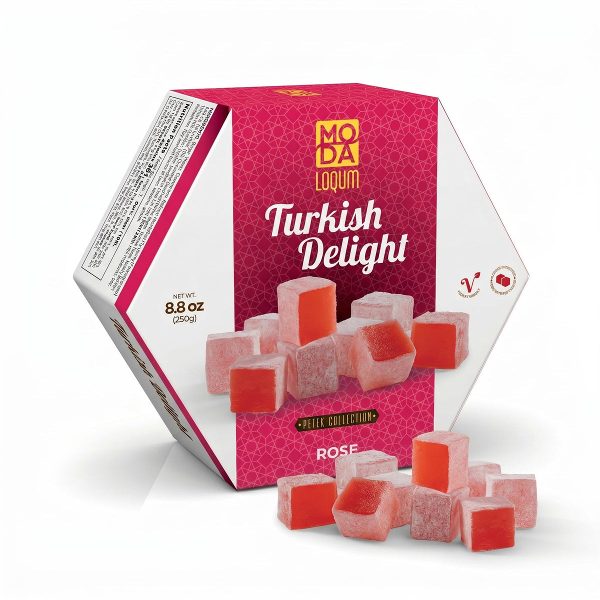 Turkish Delight Candy (Lokum) - Gourmet Chewy Candy, Premium Gift Box - Honeycomb Packaging, 8.8 oz (250g), Middle Eastern Sweets (Rose)