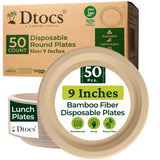 Dtocs Bamboo Disposable Plates 9 Inch Round (50) | Biodegradable Dinnerware Set for BBQ, Dinners & Catering | Microwavable, Freezer Safe | Sturdy