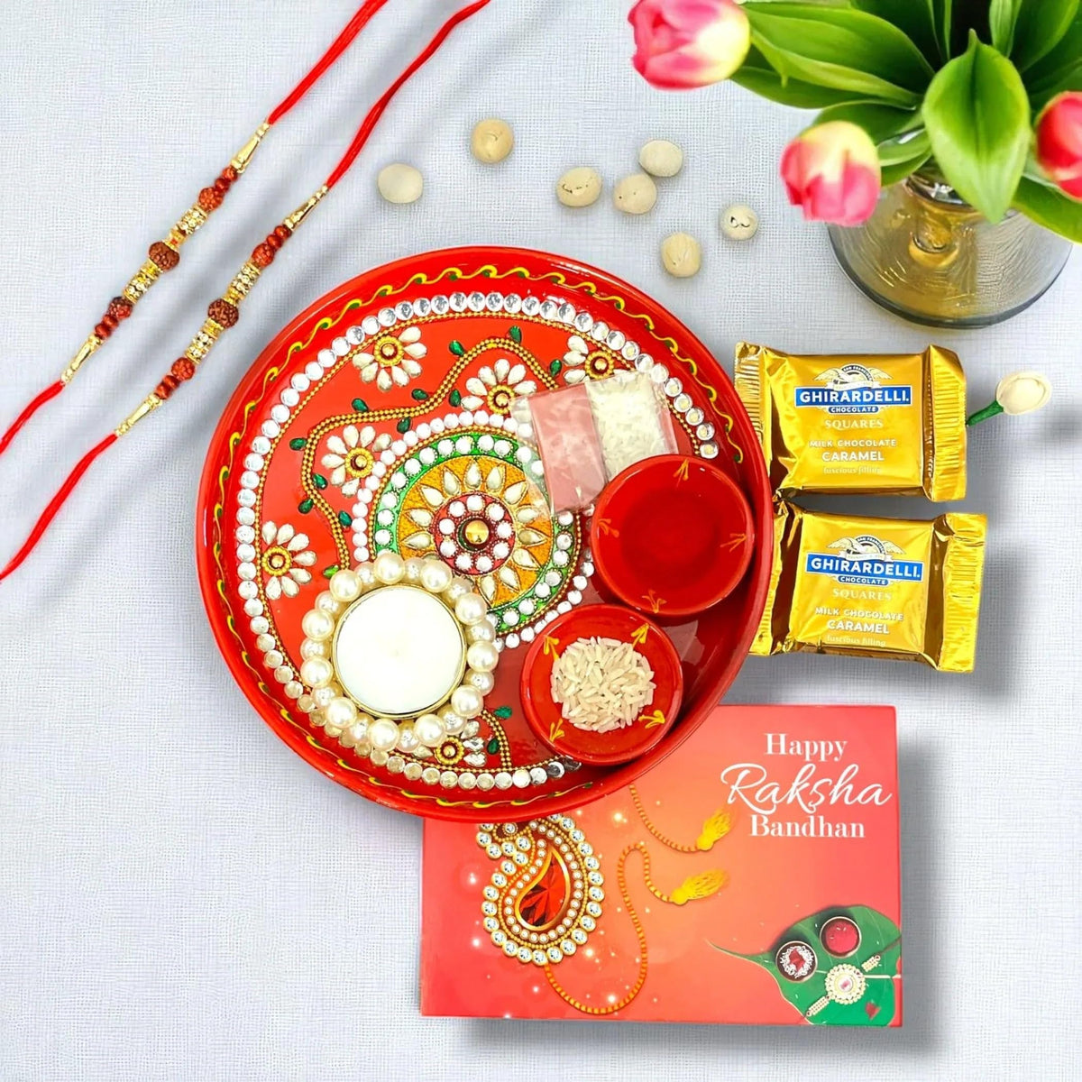 LoveNspire Raksha Bandhan Gift Hamper Set for Brother & Sister-in-law - 2 Rakhi Bracelets, Chocolate Pack, Greeting Card, Candle Holder, Roli Chawal