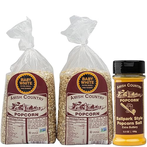 Amish Country Popcorn | Variety Bundles | 4 lb Baby White Popcorn Kernels and 5.5 oz BallPark Style ButterSalt Set | Old Fashioned, Non-GMO and Gluten