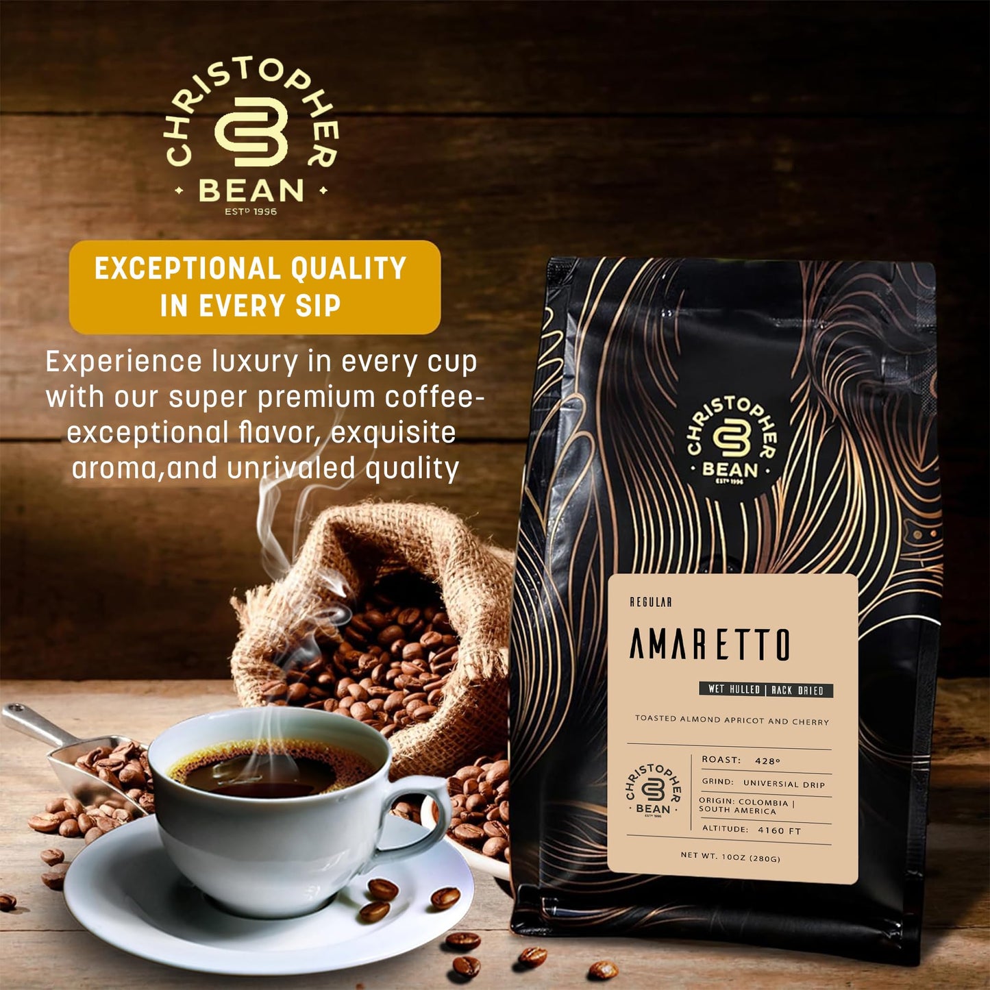 Christopher Bean Coffee - Certified Kosher - Regular Ground Universal Drip Amaretto Flavored Coffee, Relaxing after Dinner | Amaretto Flavored Medium