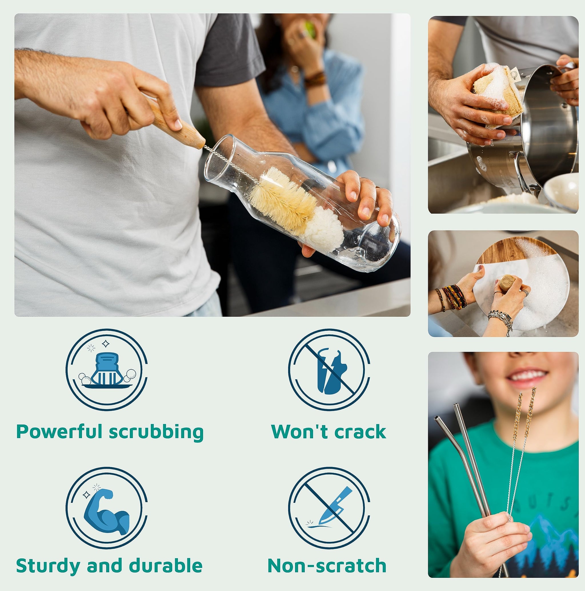 Bamboo Dish Brush Set - Eco Kitchen Cleaning Kit | Bottle Brush, Straw Brush, Scrubber & Sponge | Plastic-Free, Space-Saving, Sustainable