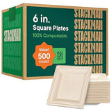 100% Compostable Square Paper Plates 6 inch [500-Pack] Heavy Duty, Eco-Friendly, Biodegradable Bagasse Dinner Plates - Natural Brown 6x6" Plate