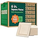 100% Compostable Square Paper Plates 6 inch [500-Pack] Heavy Duty, Eco-Friendly, Biodegradable Bagasse Dinner Plates - Natural Brown 6x6" Plate