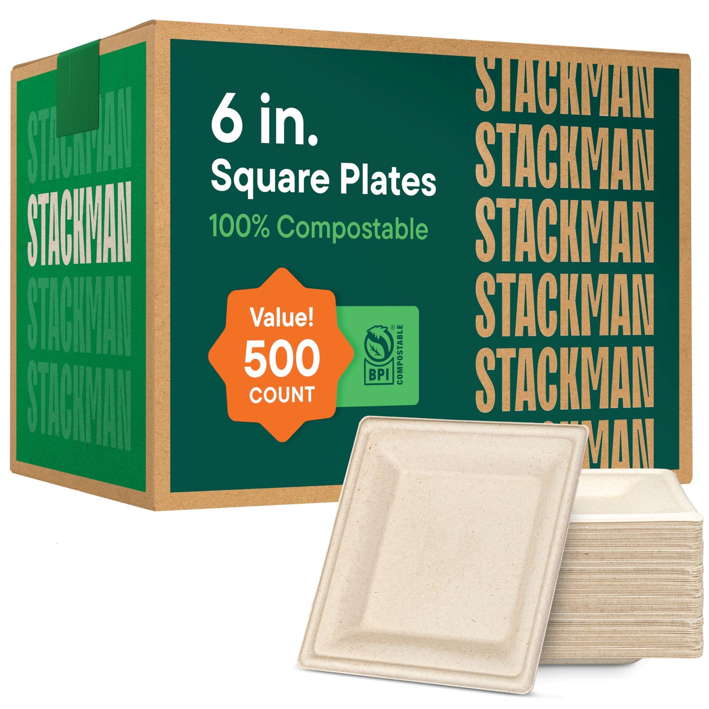 100% Compostable Square Paper Plates 6 inch [500-Pack] Heavy Duty, Eco-Friendly, Biodegradable Bagasse Dinner Plates - Natural Brown 6x6" Plate