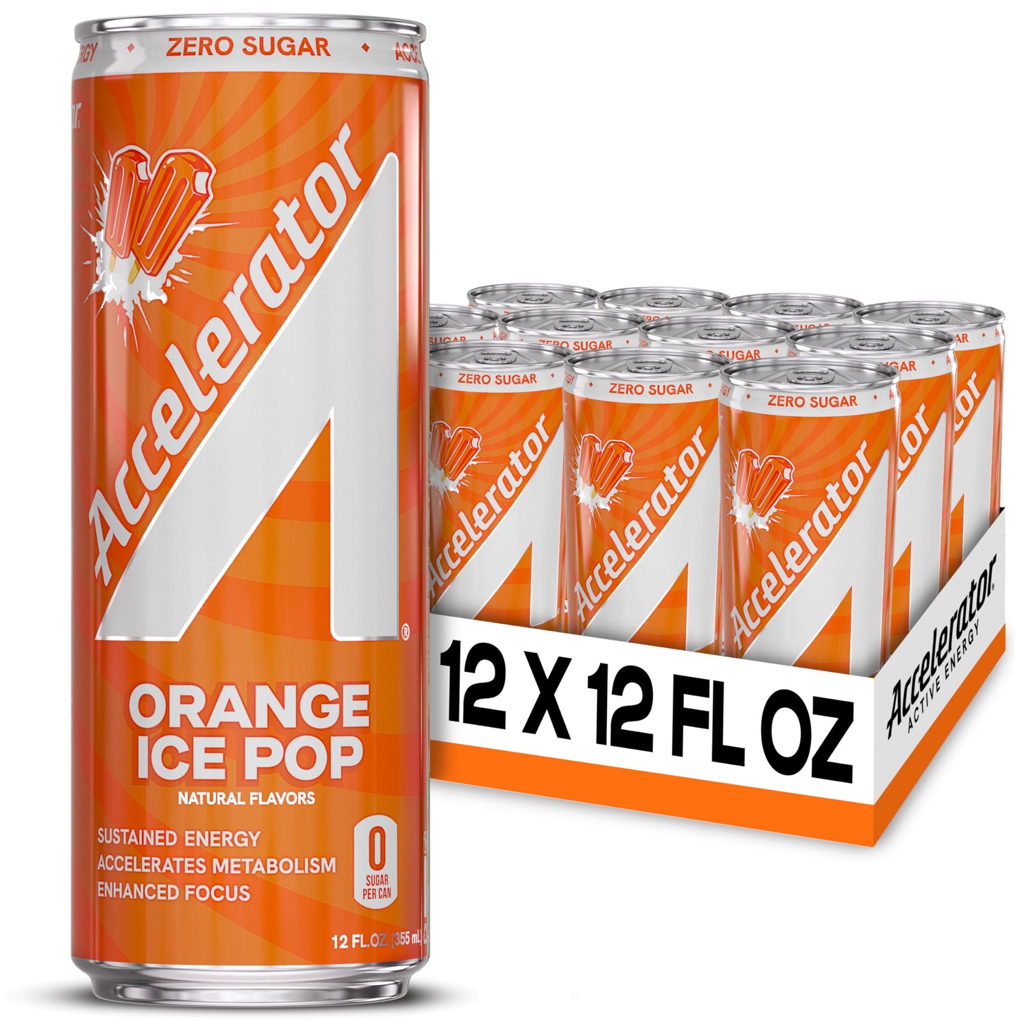 Accelerator Energy Drink, Orange Ice Pop 12oz can (12 pack), Zero Sugar, Sustained Energy from 100% Natural Caffeine (200mg from Green Coffee Bean