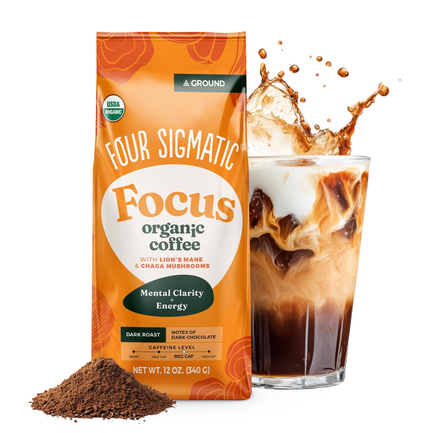 Four Sigmatic Organic Focus Mushroom Ground Coffee | Dark Roast, Organic Coffee with Lion's Mane & Chaga Mushroom for Mental Clarity & Energy Support