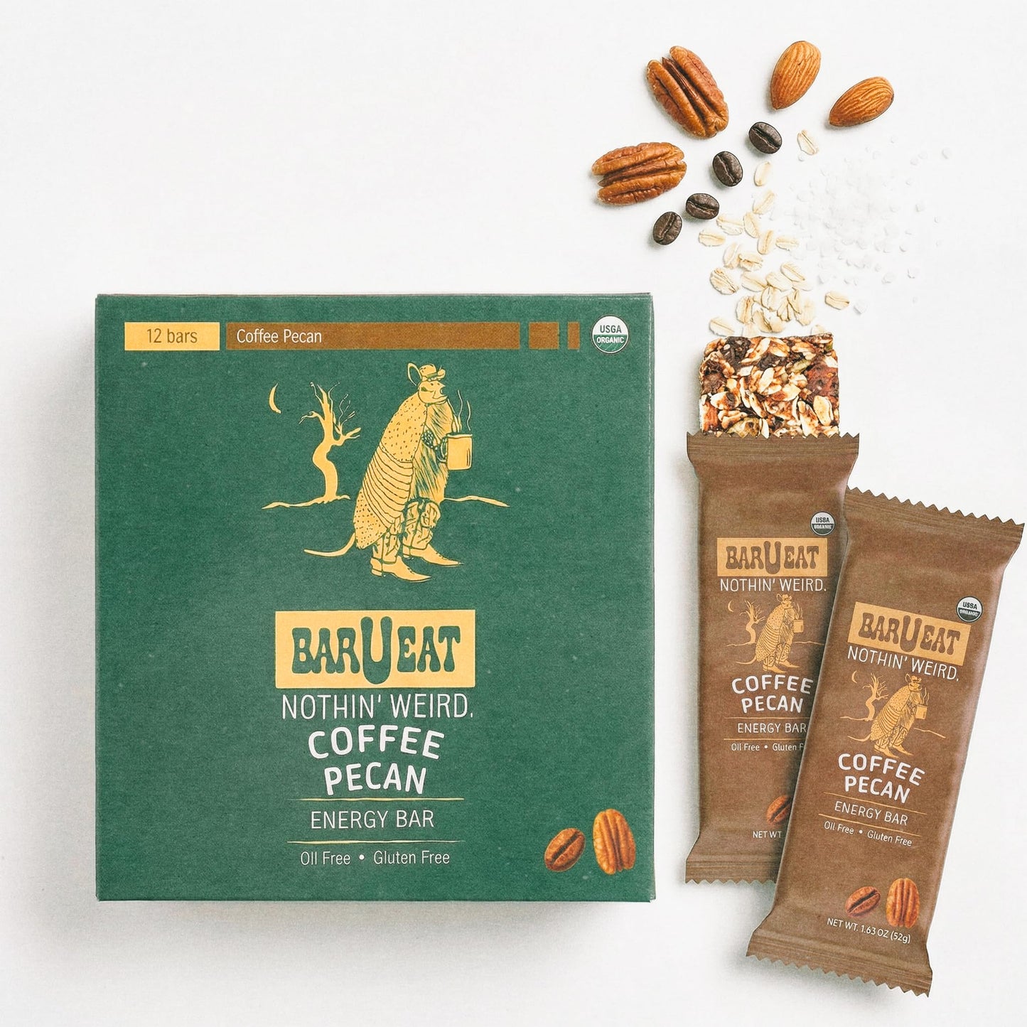 BAR U EAT Gluten-Free, High Fiber, Energy Bar. Real Food Ingredients | Oil Free | Organic | No Artificial Sugar | Healthy Snacks (Coffee Pecan 12