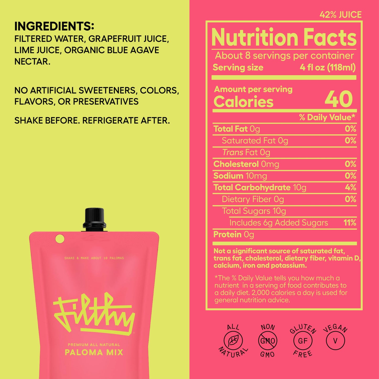 Filthy Paloma Mix, Premium Cocktail Mixer, All-Natural, Non-GMO, Vegan & Gluten-Free, Made with Fresh Ruby Red Texas Grapefruit & Florida Lime Juice