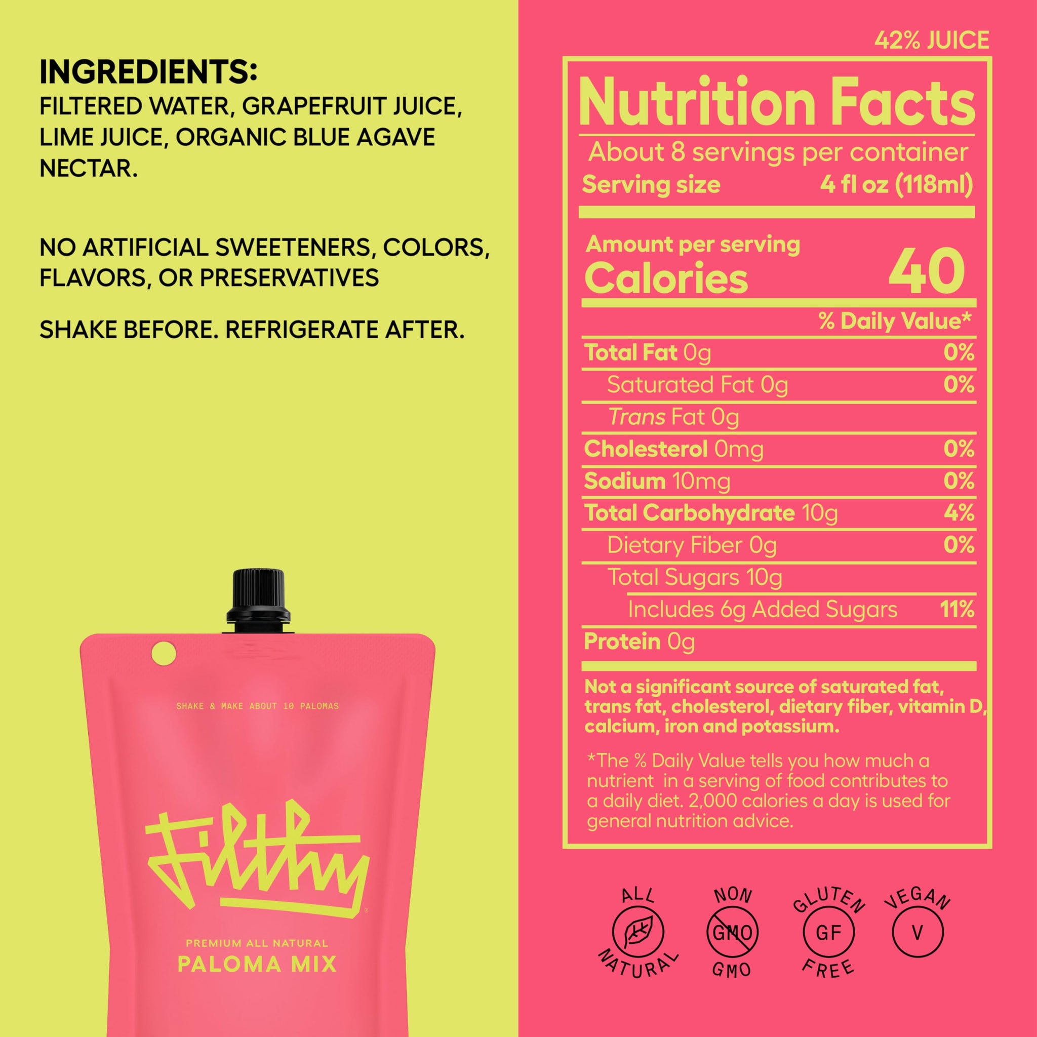Filthy Paloma Mix, Premium Cocktail Mixer, All-Natural, Non-GMO, Vegan & Gluten-Free, Made with Fresh Ruby Red Texas Grapefruit & Florida Lime Juice