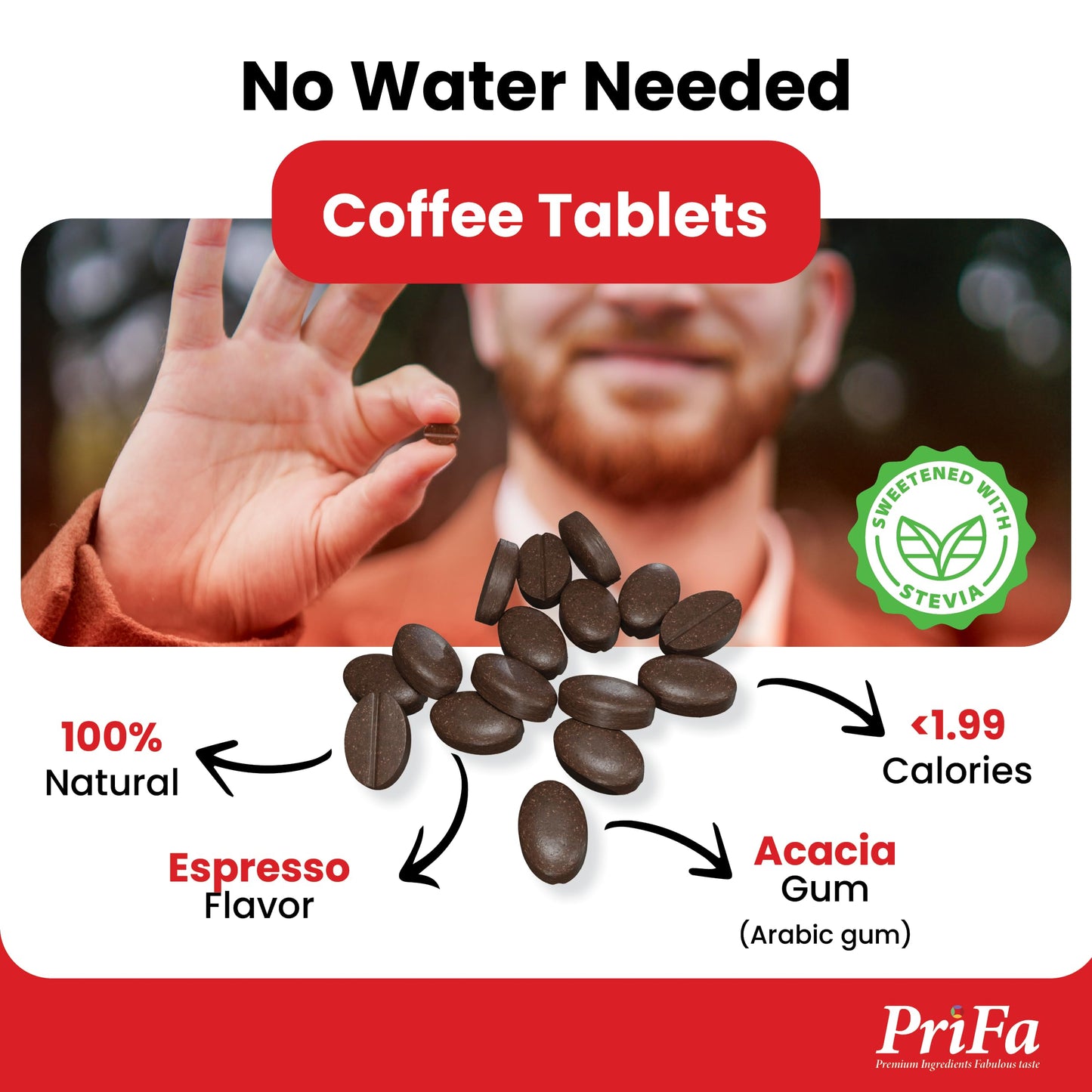 PriFa Sweet Espresso Coffee Tablets - Water-Free Instant Coffee, Sugar-Free, Sweetened with Stevia, Pocket-Sized, On-The-Go Caffeine Boost - 30mg