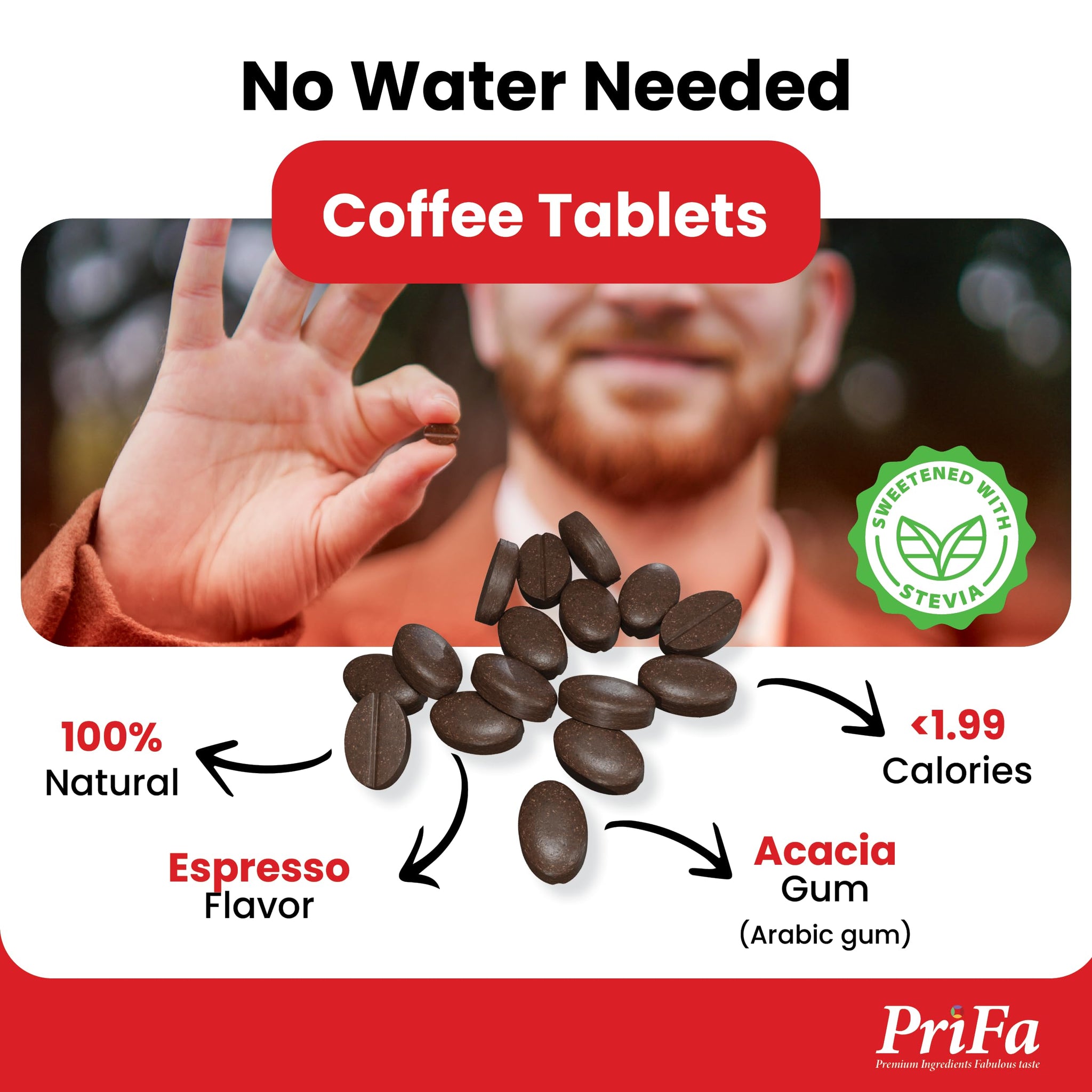 PriFa Sweet Espresso Coffee Tablets - Water-Free Instant Coffee, Sugar-Free, Sweetened with Stevia, Pocket-Sized, On-The-Go Caffeine Boost - 30mg