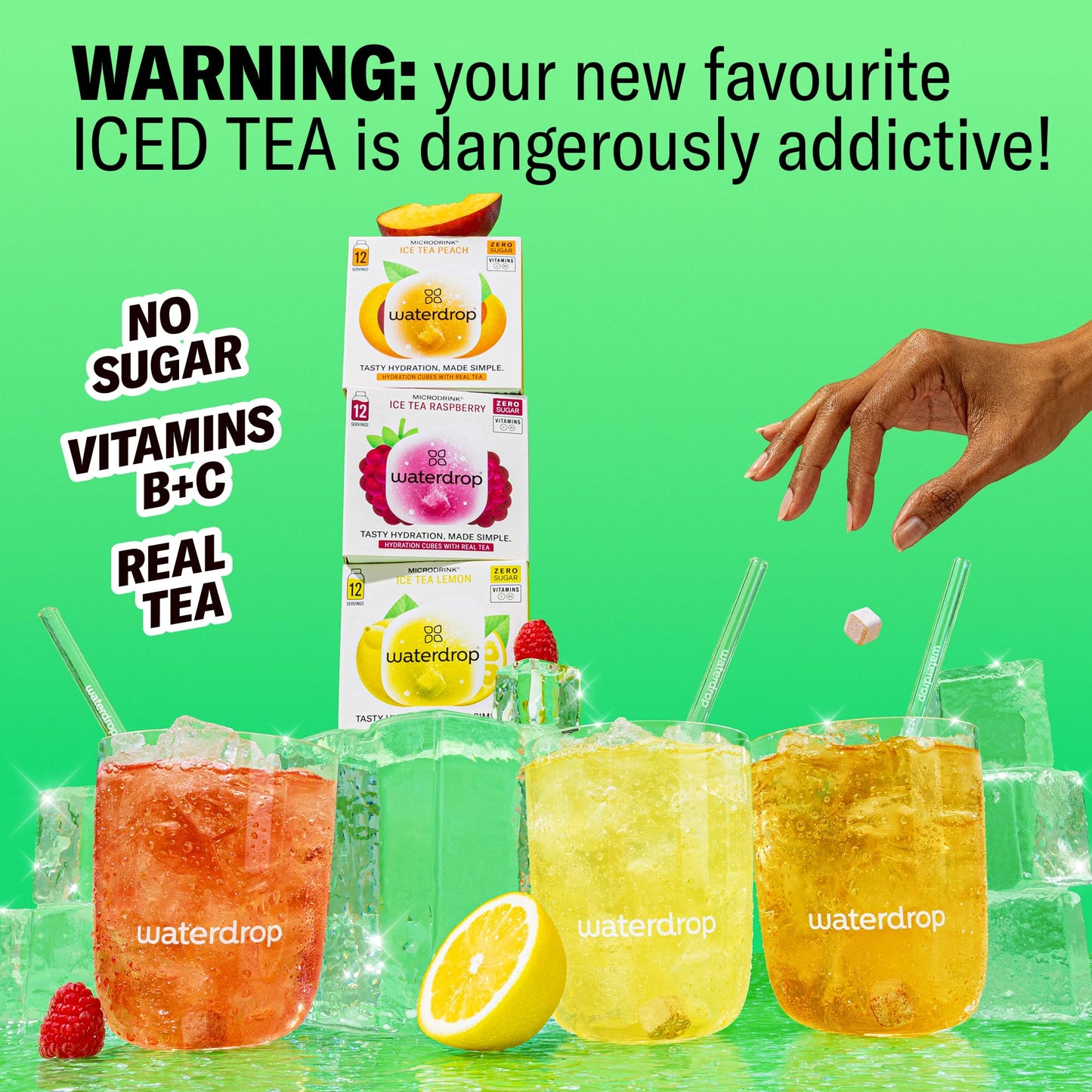 Waterdrop Hydration Cubes With Vitamin C, B Vitamins and Electrolytes, 3 Iced Tea Flavor Electrolyte Variety Pack, Flavored Water Enhancer Cubes