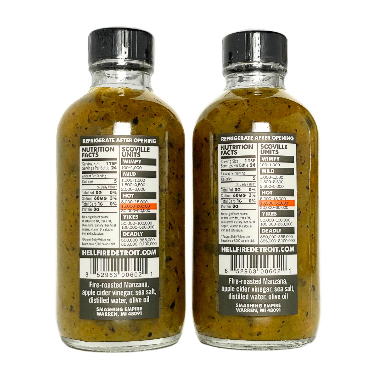 Hell Fire Detroit Manzana Hot Sauce (Hot), Crafted with Fresh, Fire-Roasted Manzana Chile Peppers, All-Natural, Vegan, Gluten-Free, Low Sodium - 4 Fl