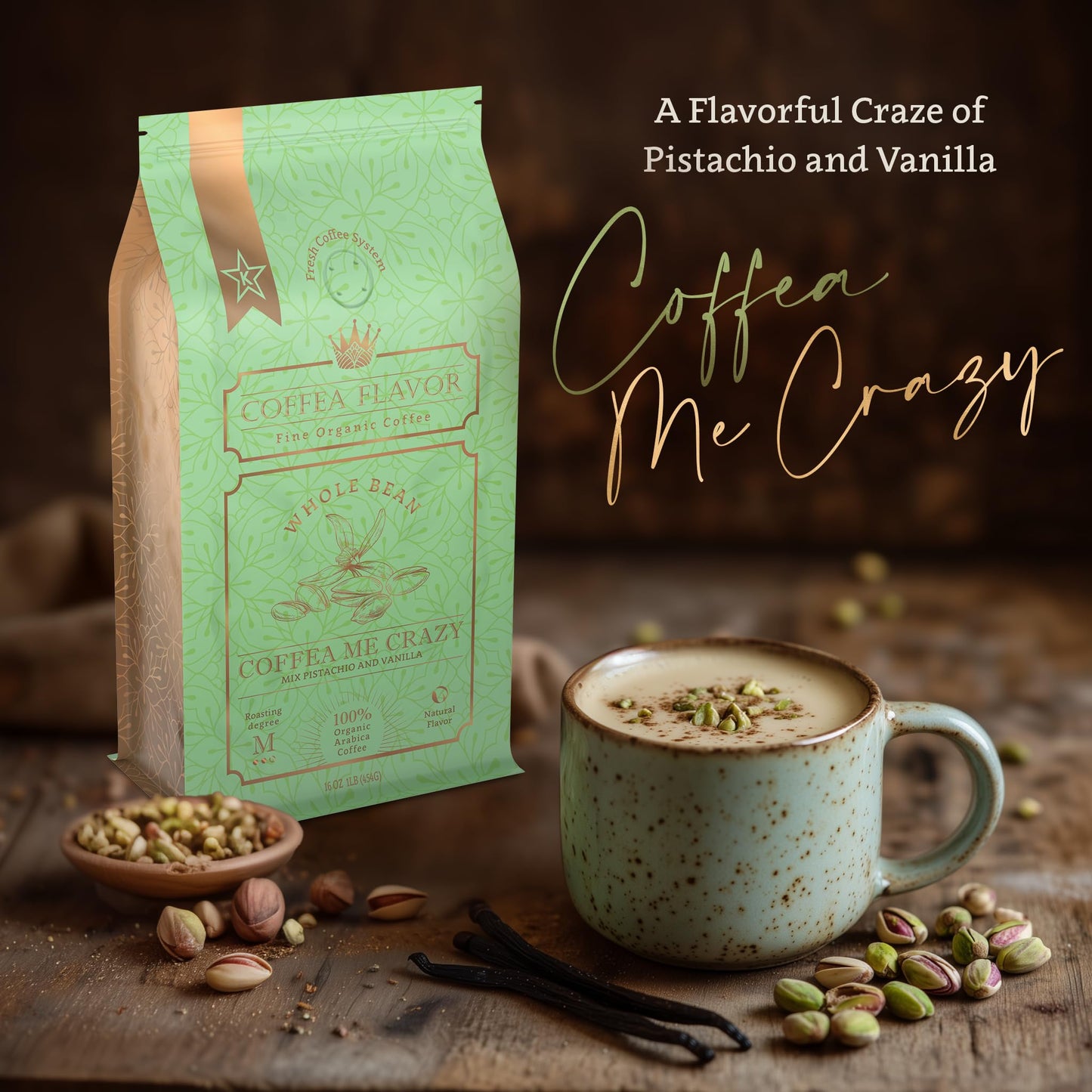 Coffea Me Crazy (Pistachio Vanilla) Flavored Ground Coffee, Organic Medium Roast, Single Origin Dominican Arabica, Naturally Flavored, No Added Sugar