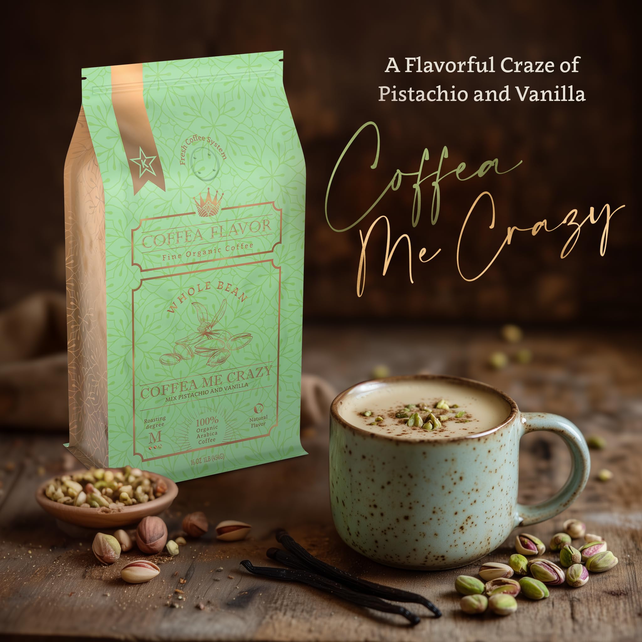 Coffea Me Crazy (Pistachio Vanilla) Flavored Ground Coffee, Organic Medium Roast, Single Origin Dominican Arabica, Naturally Flavored, No Added Sugar