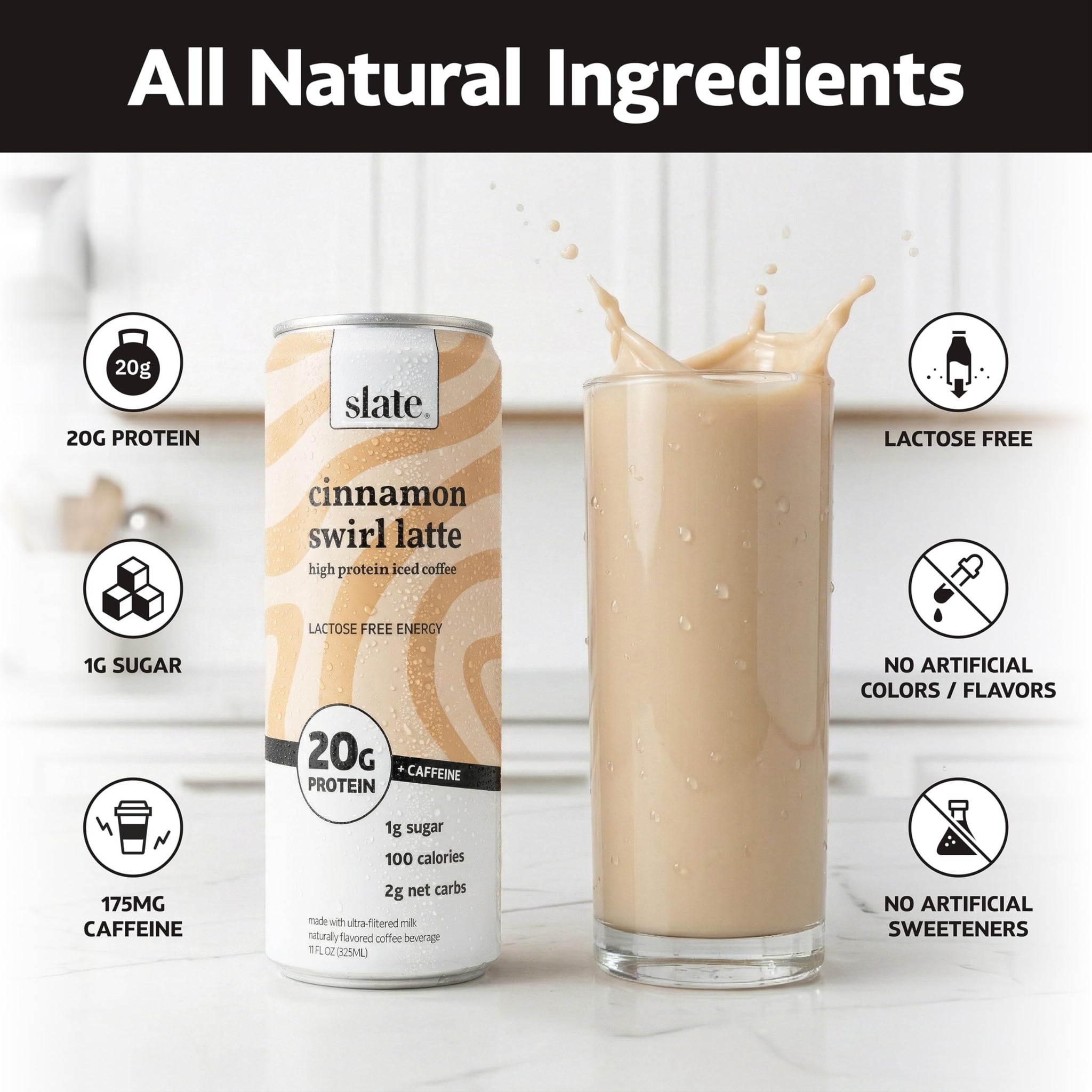 Slate Milk - High Protein Iced Coffee - Cinnamon Swirl Latte - 175mg Caffeine, Lactose Free Energy - 20g Protein, 1g Sugar, 100 Calories, 2g Net