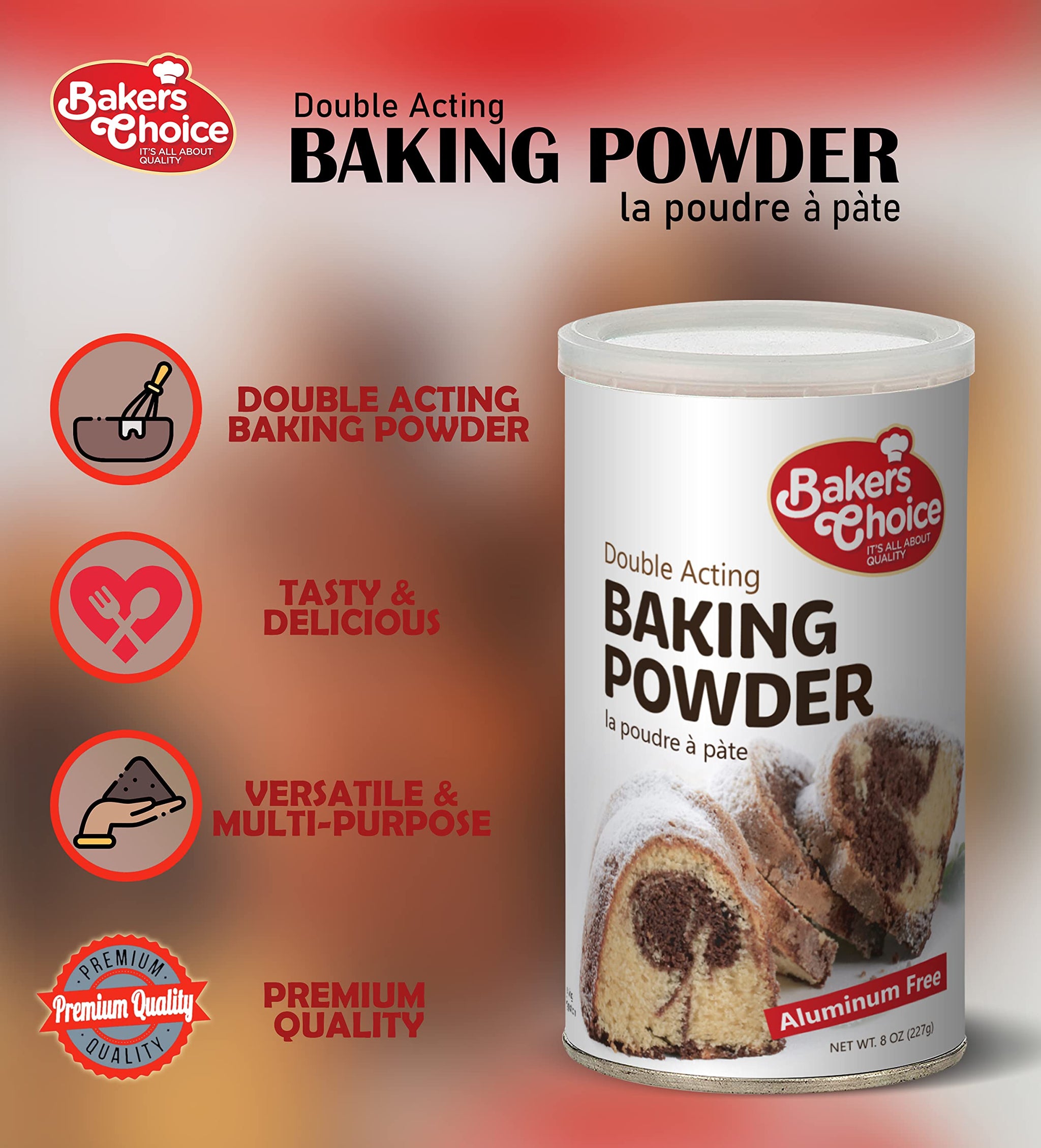 Double Acting Baking Powder, 8 oz. - Aluminum Free Baking Powder, Premium Grade, Vegan, Vegetarian, Kosher - By Baker’s Choice