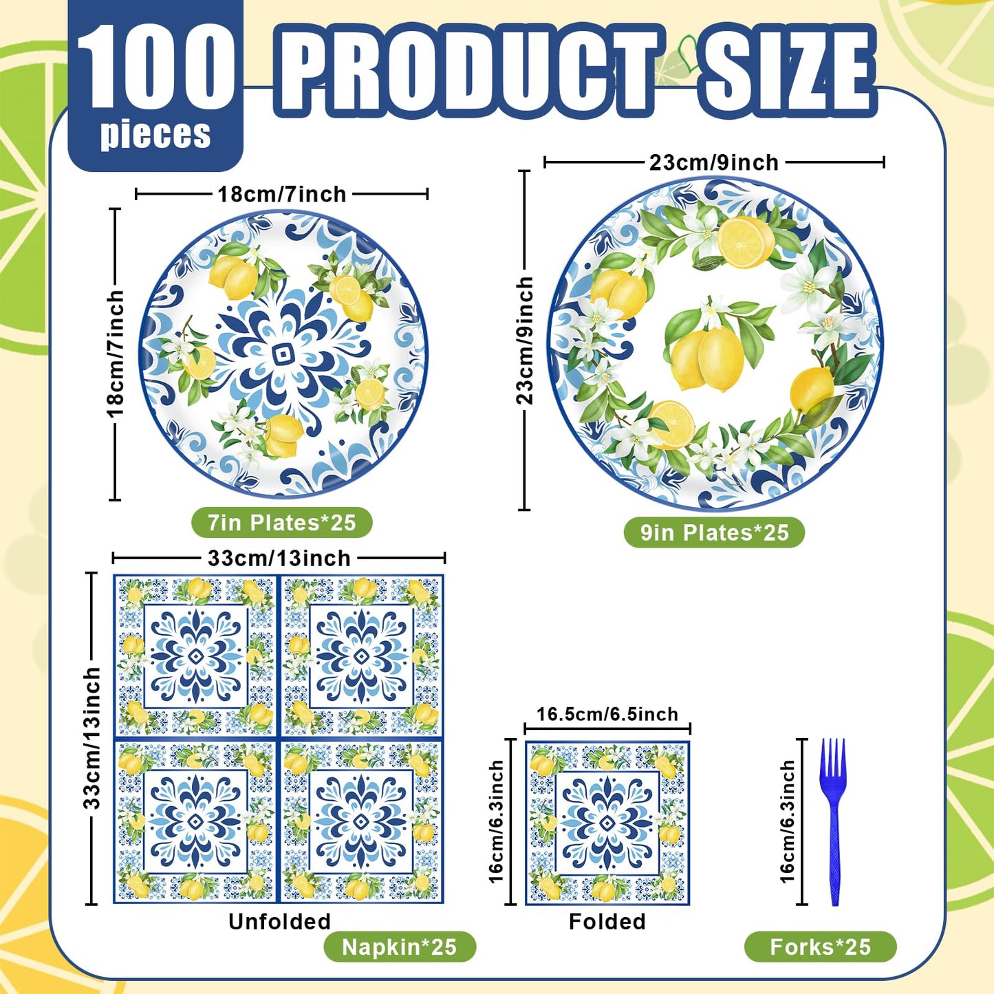100 Pieces Mediterranean Citrus Party Tableware Set - Blue White Lemon Plates, Napkins and Forks, Disposable Dinnerware for Summer Birthday, Bridal