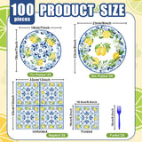 100 Pieces Mediterranean Citrus Party Tableware Set - Blue White Lemon Plates, Napkins and Forks, Disposable Dinnerware for Summer Birthday, Bridal