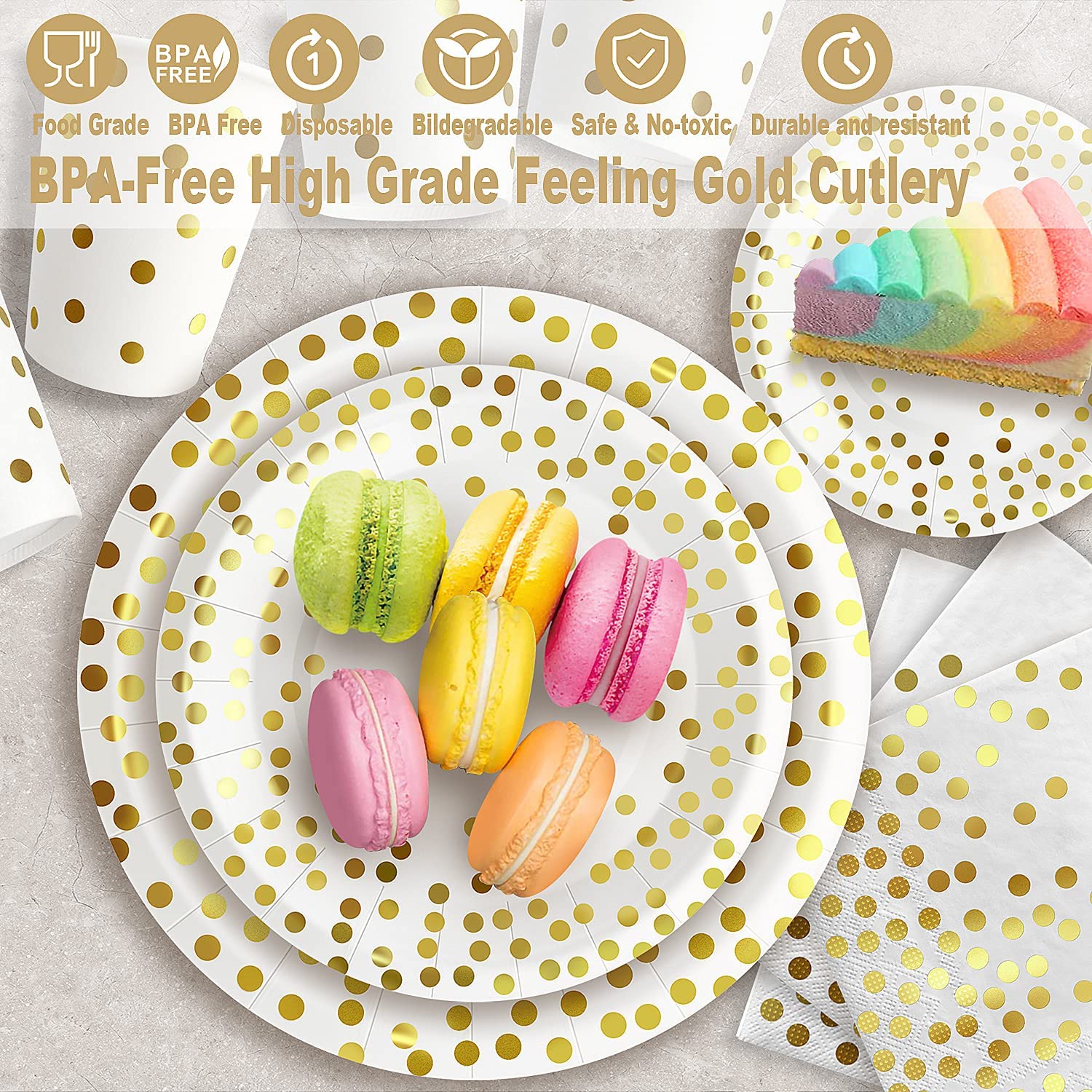 AIRE 175PCS White and Gold Paper Plates Party Supplies for 25 Guests Disposable Decorations Dinnerware Golden Dot Paper Plates Napkins Cups Gold