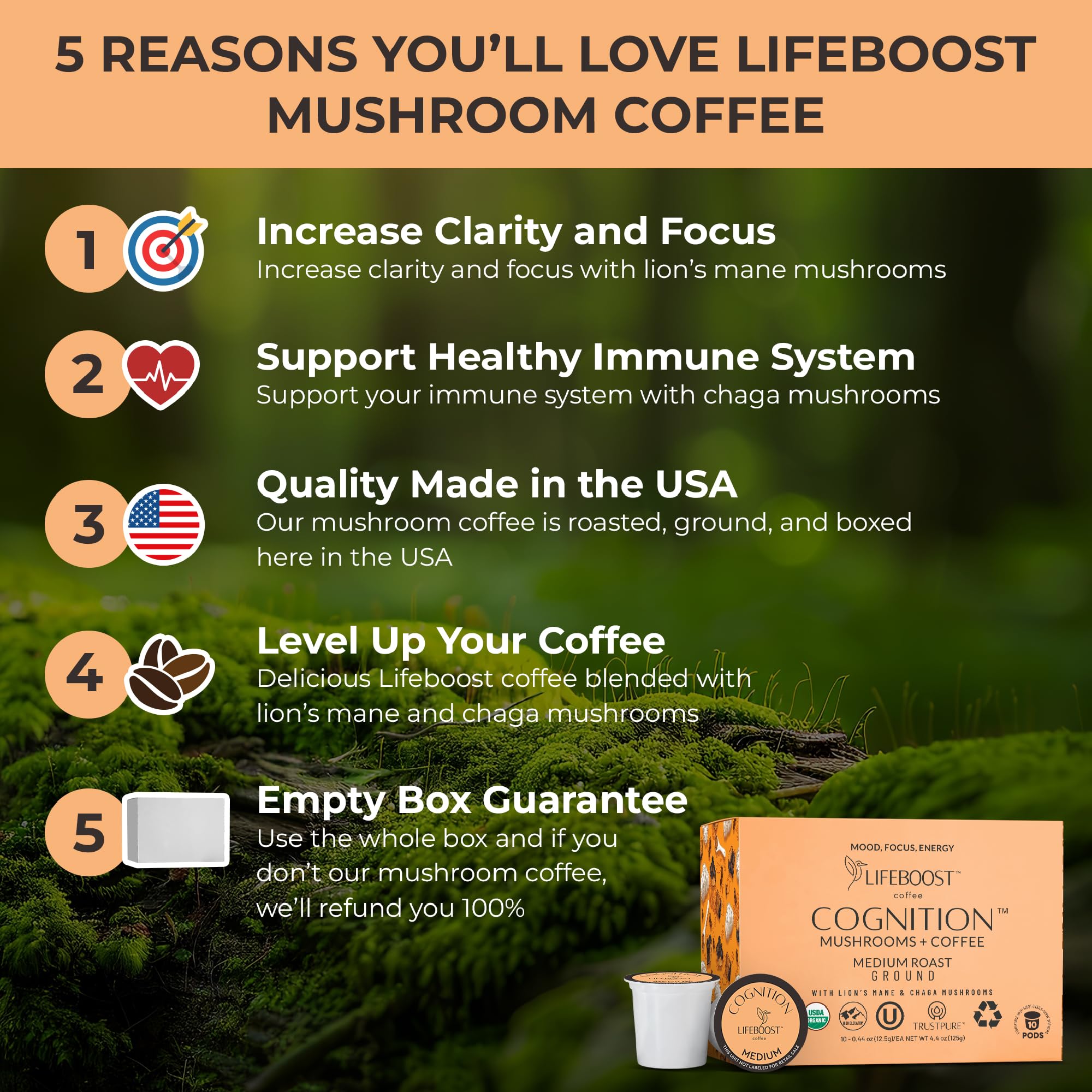 Lifeboost Cognition Mushroom Coffee Pods - Organic Low Acid K-Cups with Lion’s Mane & Chaga Adaptogens - Nootropic Coffee for Energy, Focus & Immune