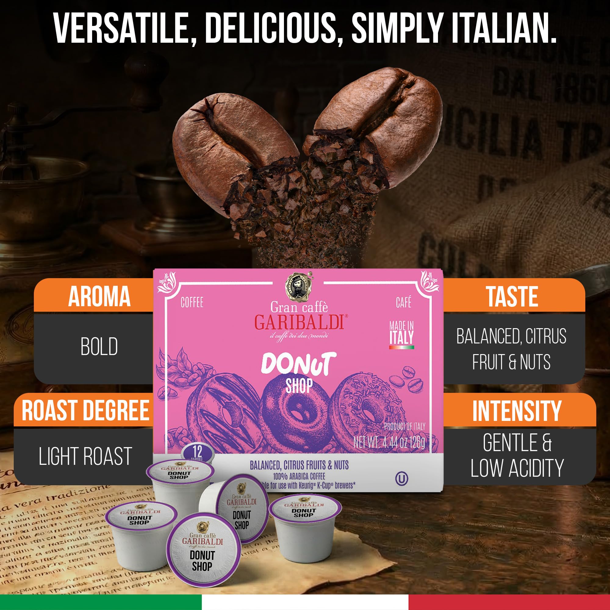 Caffè Garibaldi Donut Shop Coffee Pods, Single-Serve Capsules for Keurig K-Cup Brewers, Single Serve Cups with 100% Arabica Blend, 72 Count Recyclable