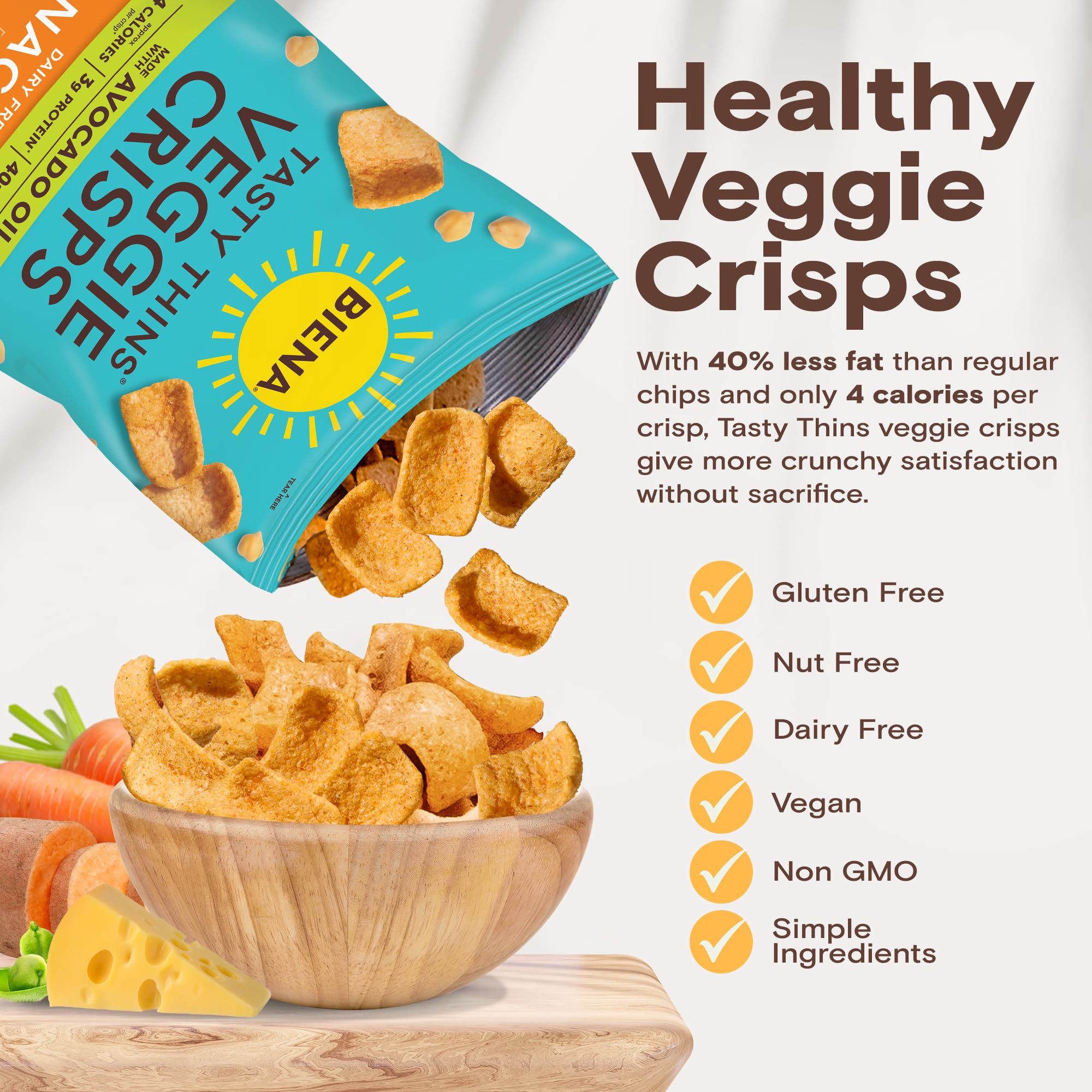 BIENA Tasty Thins Veggie Crisps - Made with Avocado Oil - Nacho, 4-Pk 4oz Bags - Chickpeas & Veggies, Vegan, Gluten Free, Dairy-Free, Non-GMO