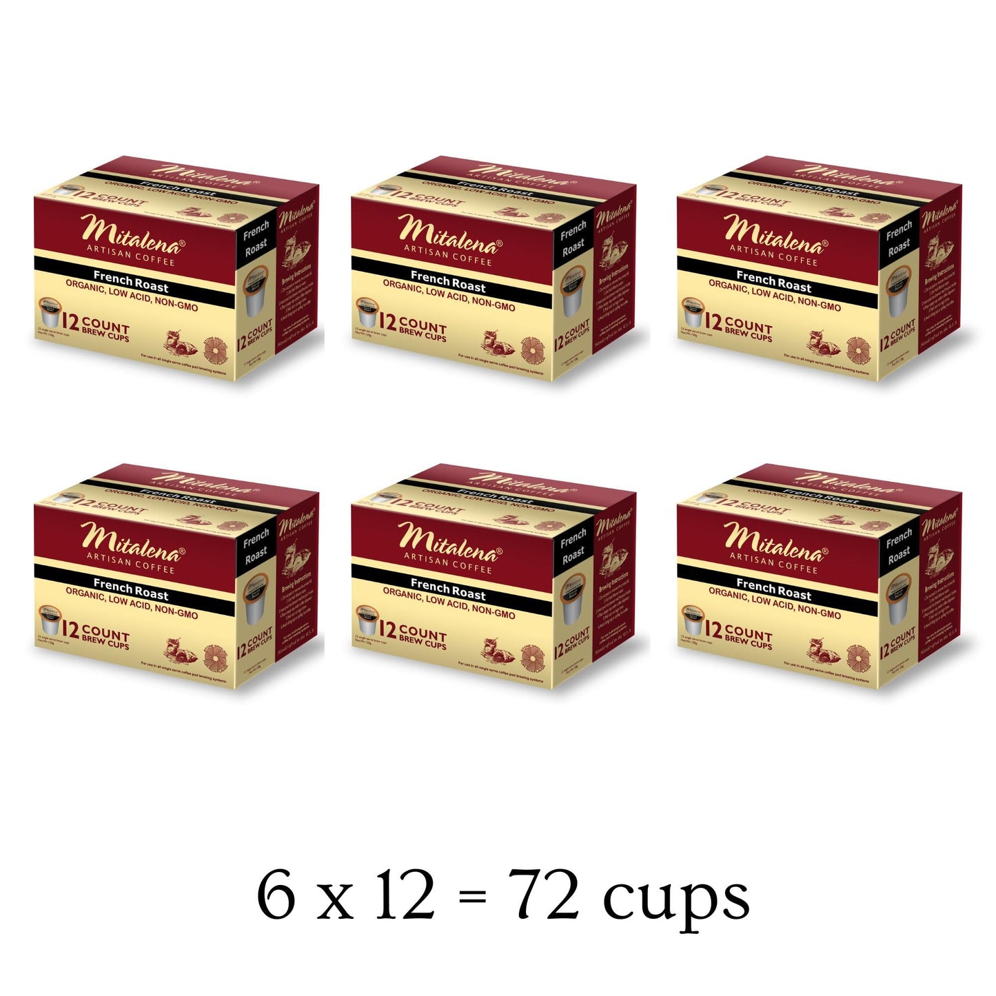 Mitalena French Roast Organic Coffee Pods - Dark Roast, Low Acid Coffee for Keurig K-cup, 72 Cups