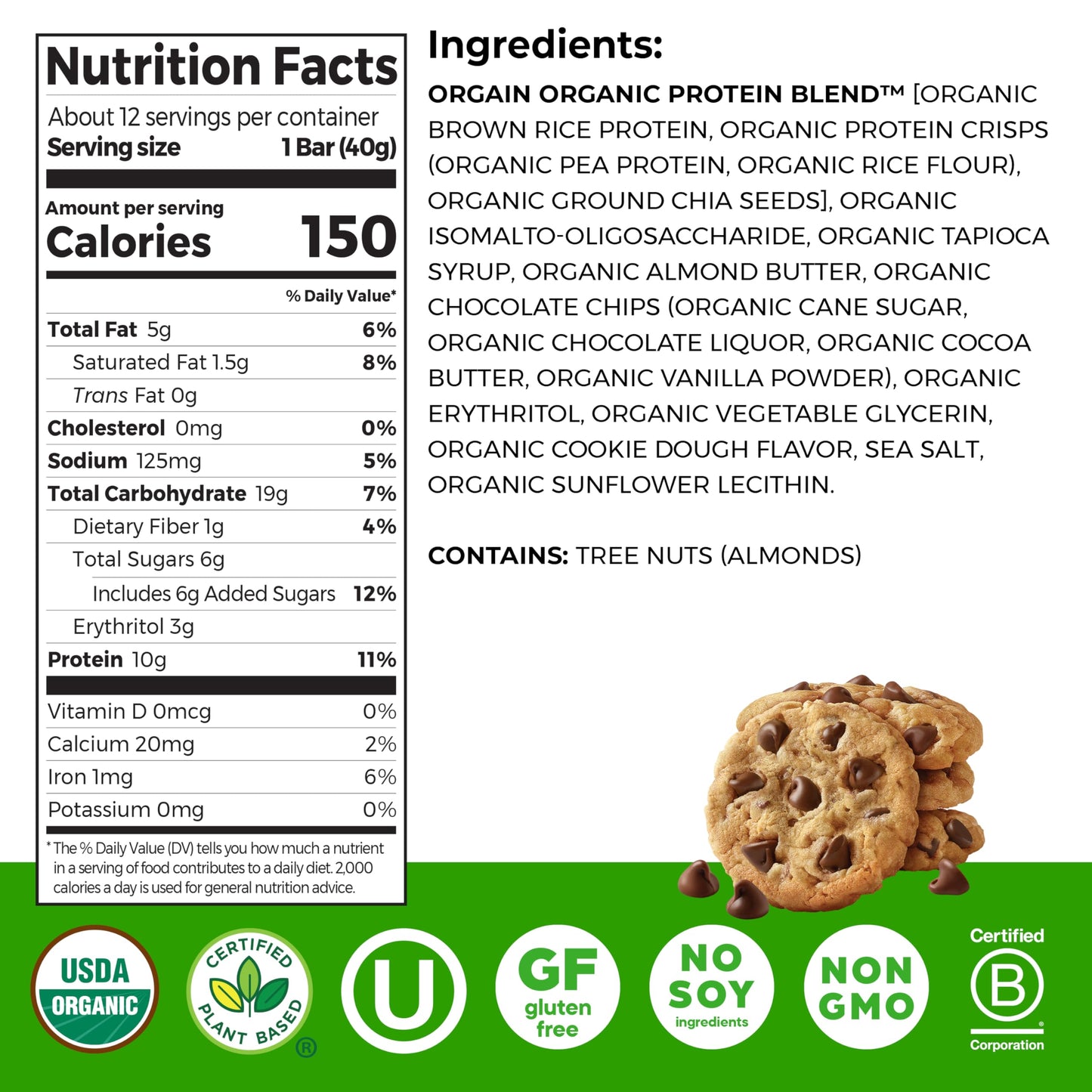 Orgain Organic Vegan Protein Bars, Chocolate Chip Cookie Dough - 10g Plant Based Protein, Low Calorie Healthy Snacks, No Lactose or Soy Ingredients