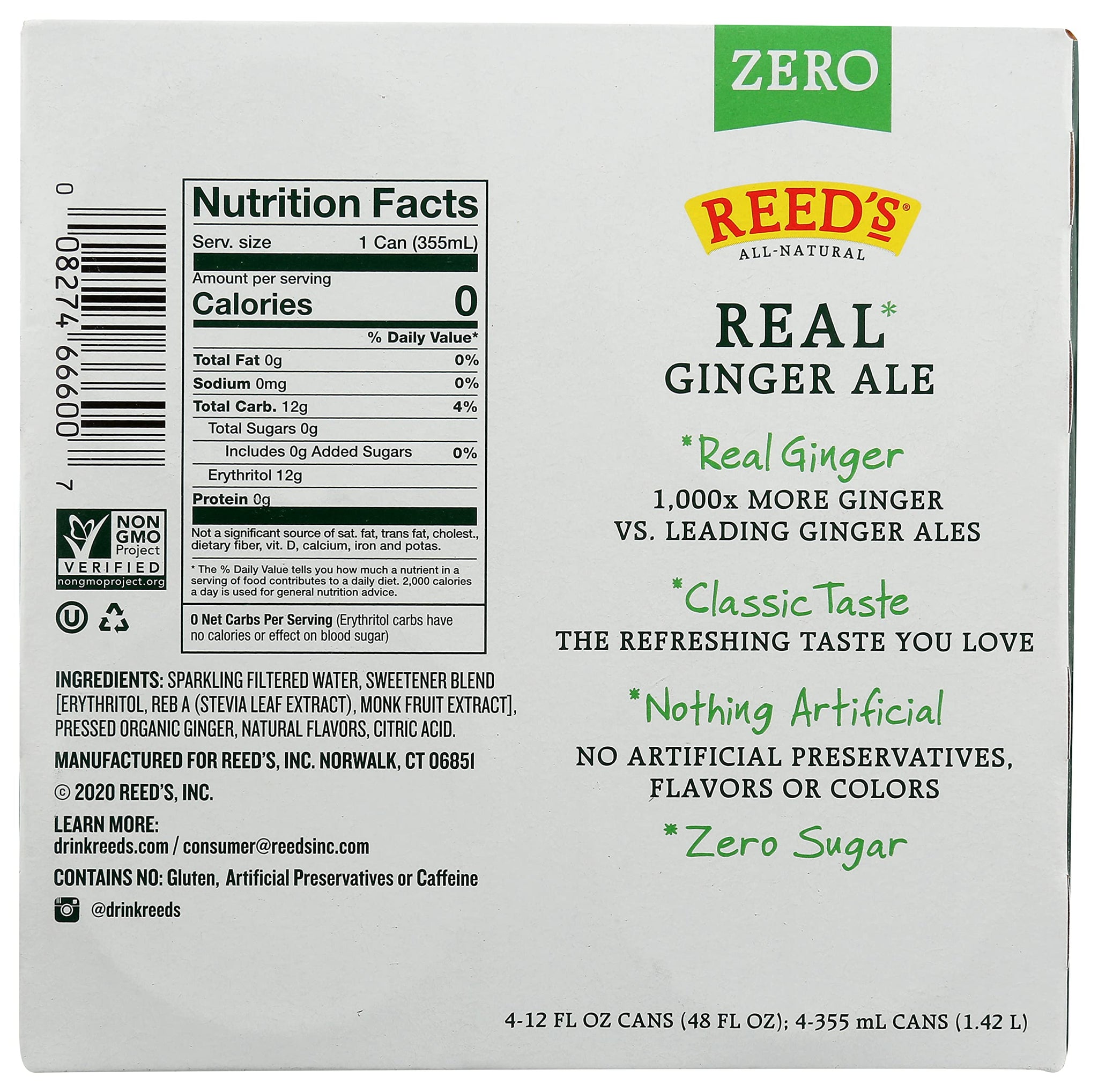 REEDS GINGER BREW Zero Sugar Ginger Ale Soda 4 Pack, 12 FZ