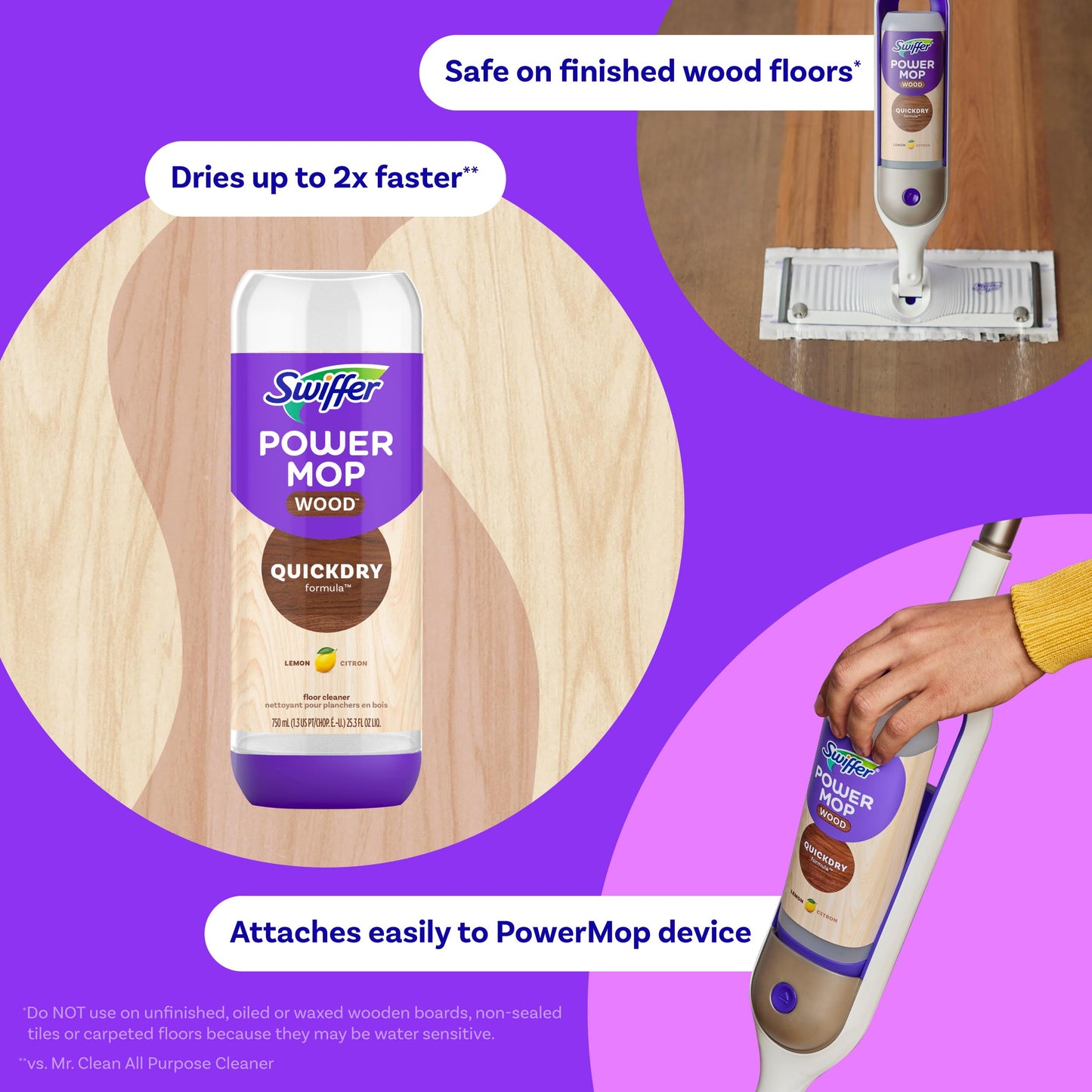 Swiffer Power Mop Wood Refill Solution, QuickDry Hardwood Floor Cleaner for Mopping Home, Bathroom, Kitchen, All Purpose Multi-Surface Solution
