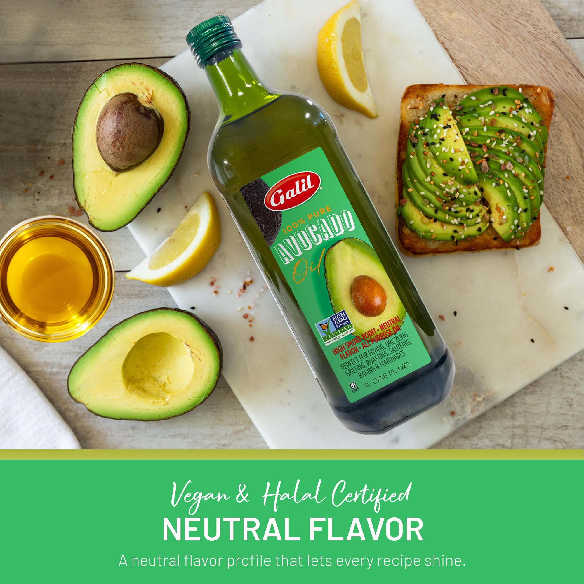 Galil 100% Pure Avocado Oil - High Smoke Point 500°F Non-GMO, Vegan, Halal Certified - Perfect for Cooking, Baking, Sautéing, Dressings & Marinades, Rich in Healthy Fats - 1 Liter Glass Bottle