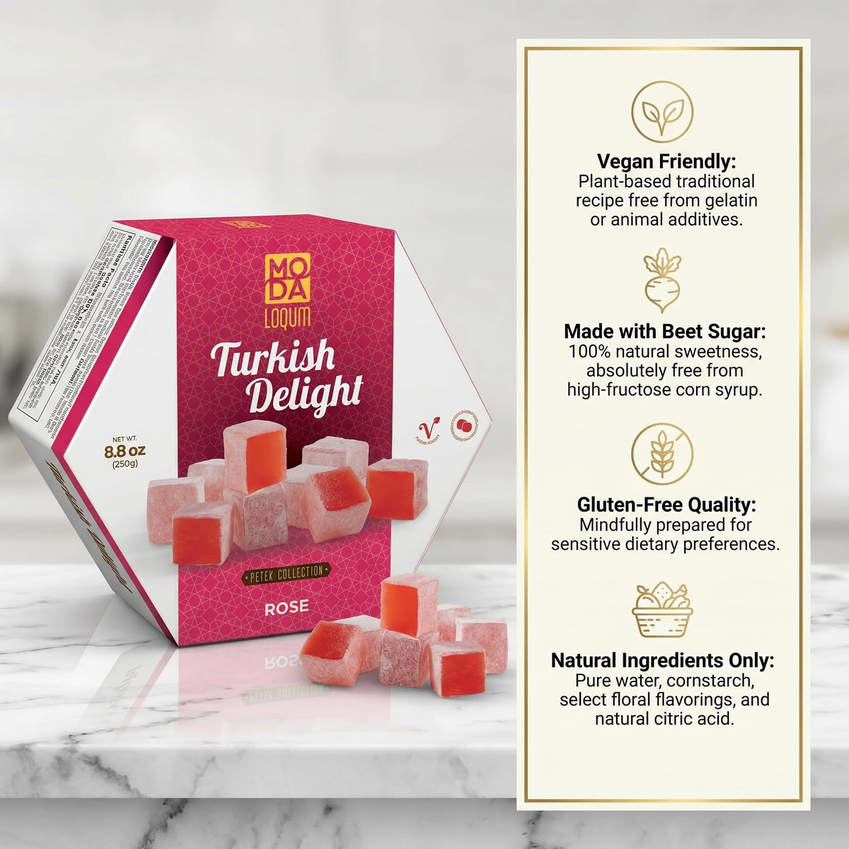 Turkish Delight Candy (Lokum) - Gourmet Chewy Candy, Premium Gift Box - Honeycomb Packaging, 8.8 oz (250g), Middle Eastern Sweets (Rose)