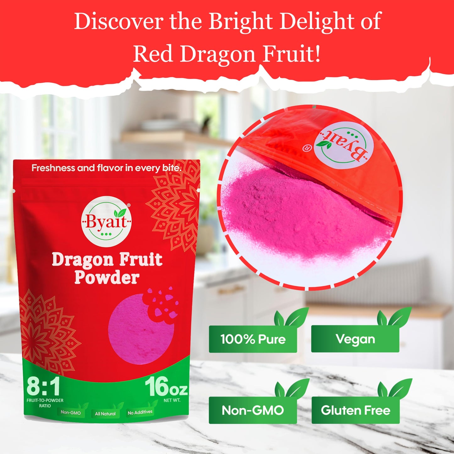 Byait Freeze Dried Dragon Fruit Powder 16 Oz, Fine Pitaya Powder for Food Coloring, Baking, Smoothies, Drinks, Ice Cream, Cocktails, Vegan, Non-GMO