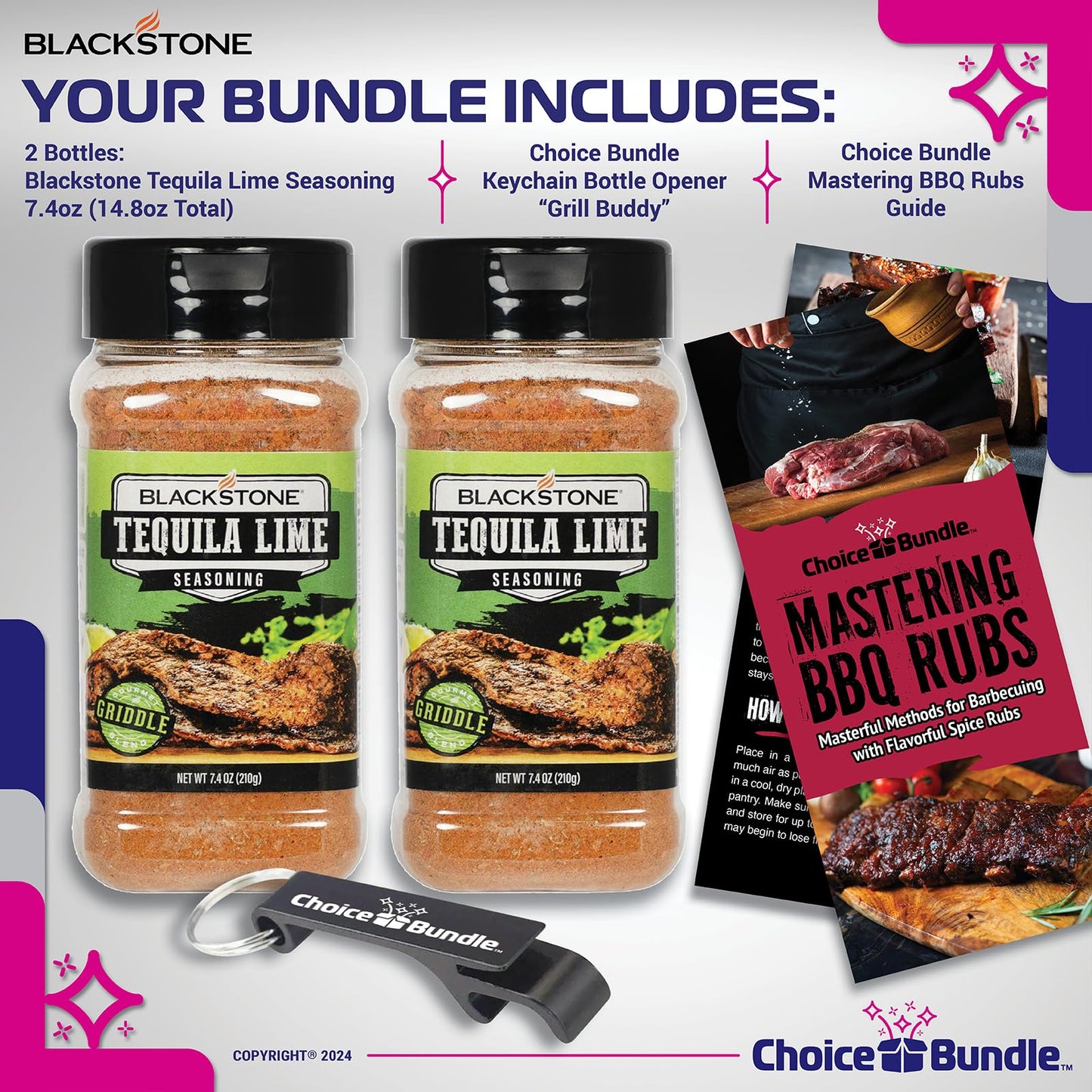 Blackstone Tequila Lime Seasoning - Gourmet Griddle Premium Barbecue Rub 2 Pk (14.8 oz) + BBQ Masters & Opener (4 Items)!
