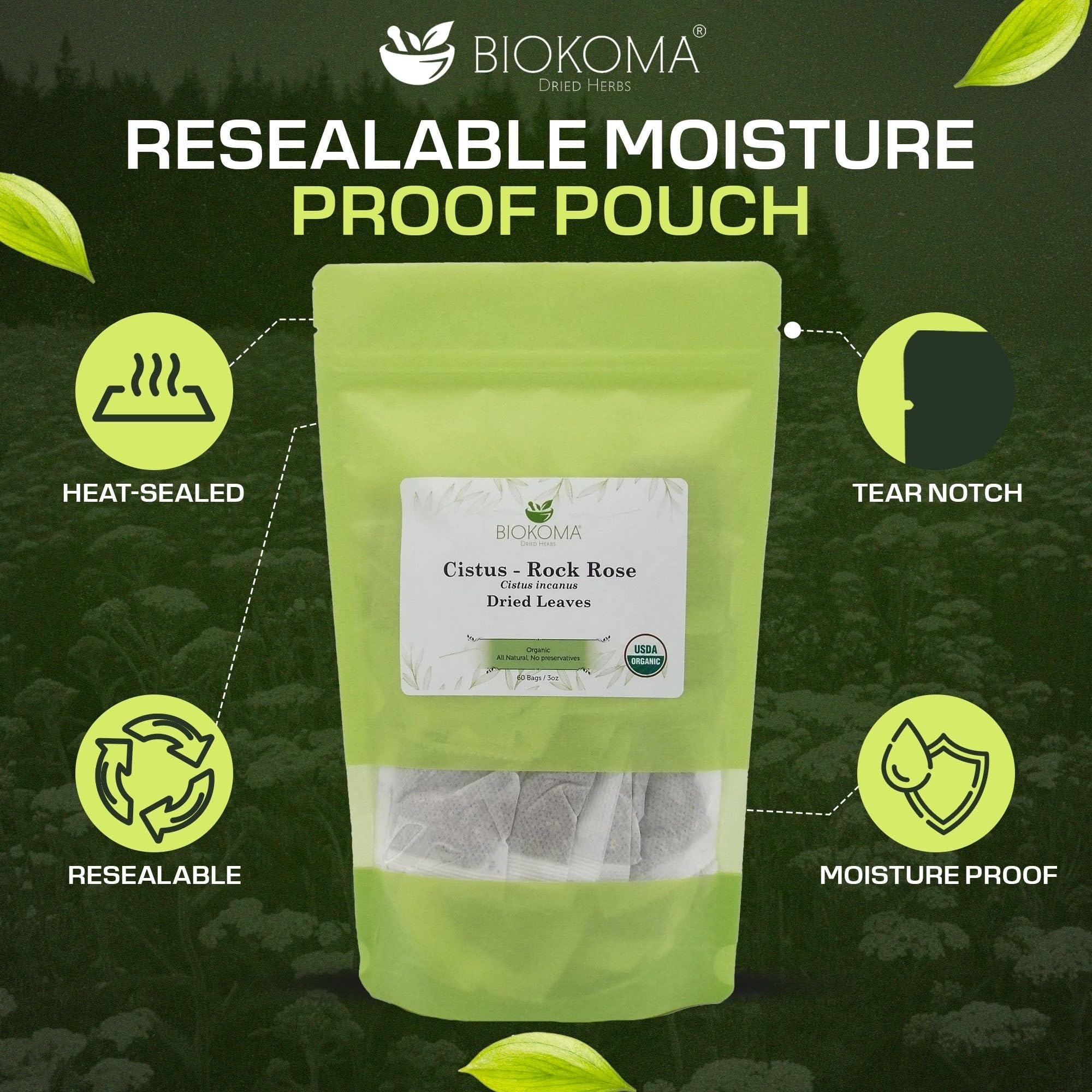Biokoma Organic Cistus Rock Rose Tea Bags 60 Count Cistus Incanus Dried Leaves USDA Organic Herbal Tea Immune Respiratory Support Resealable Pouch