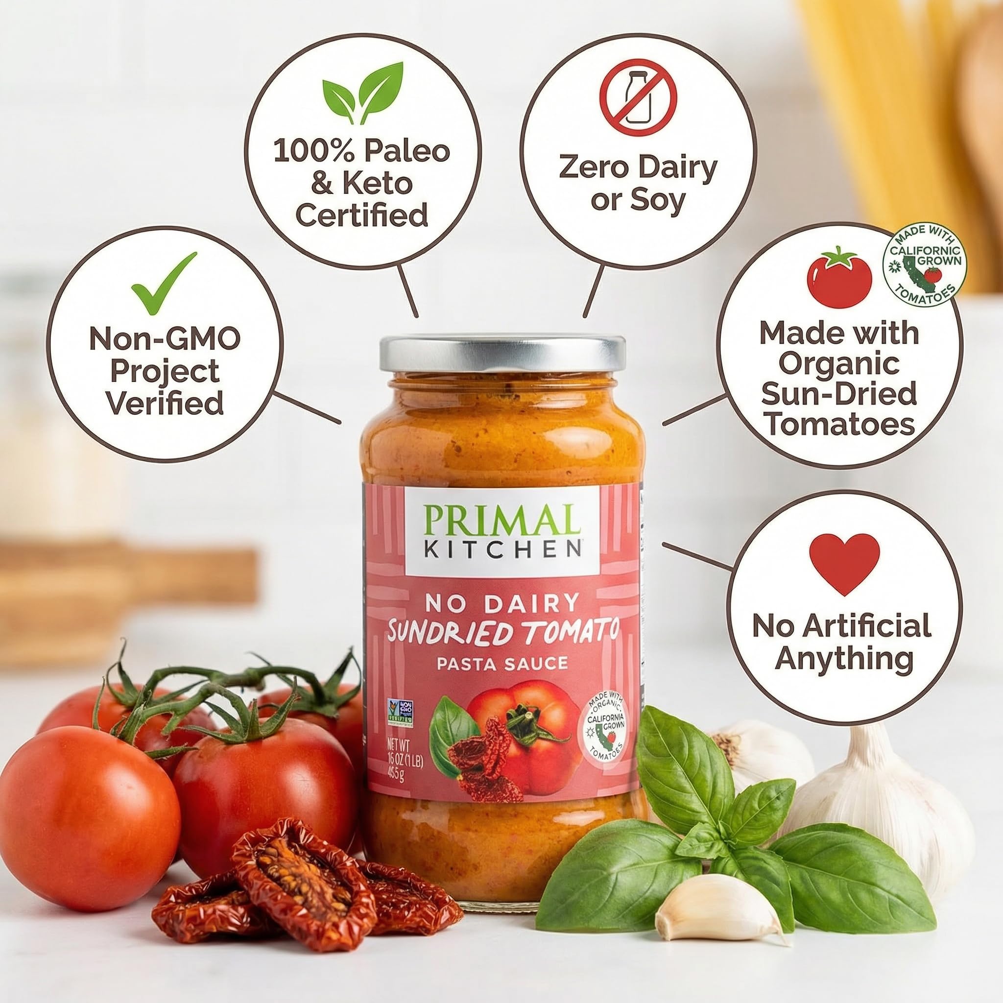 Primal Kitchen Sauce Herb Tomato Creamy Sundried Tomatoes - 15 oz Jar - Pack of 1 - Primal Kitchen Sauce for Pasta and Pizza - Organic Pasta Sauce