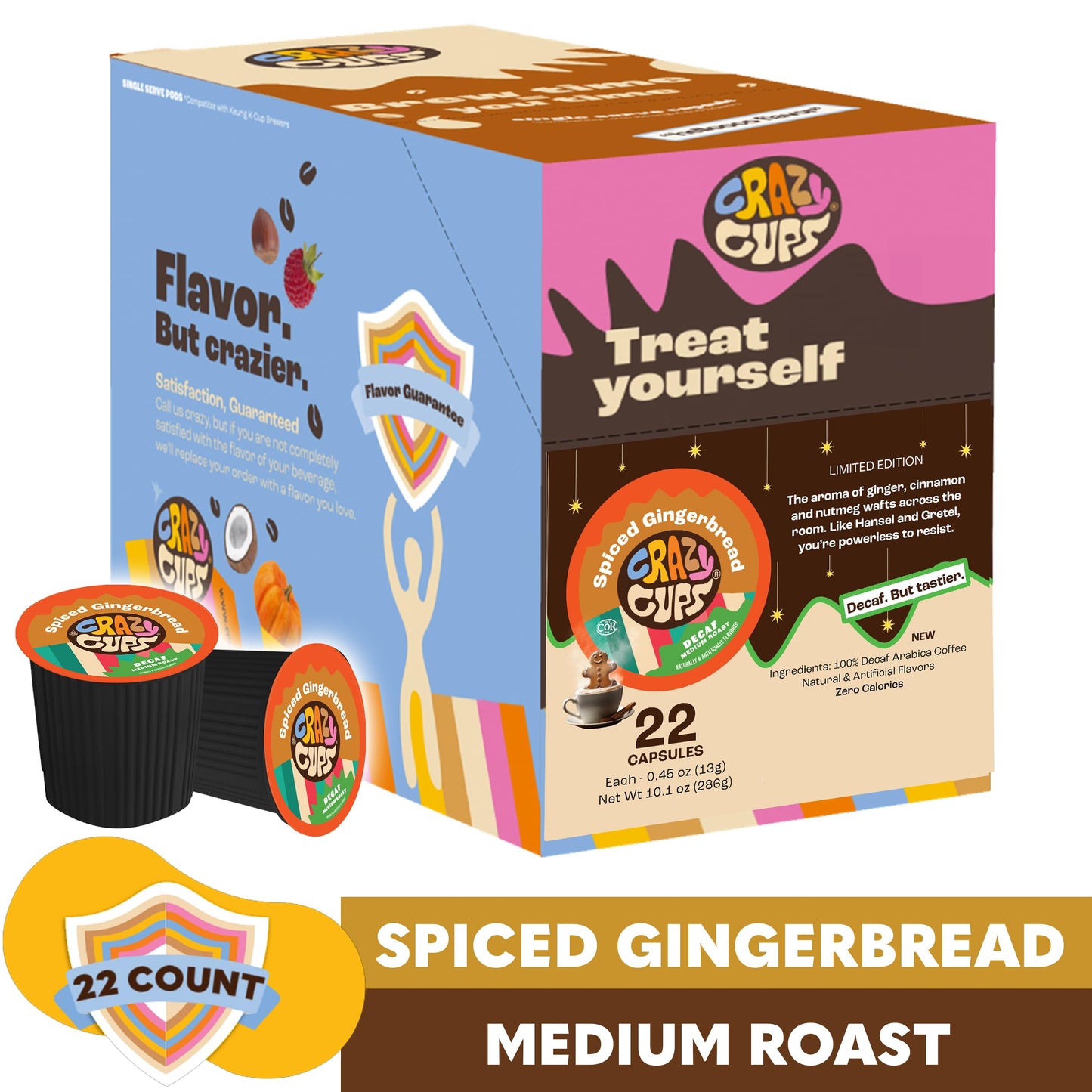 Crazy Cups Decaf Spiced Gingerbread Flavored Coffee Pods, Decaf Holiday Coffee Pods, Single Serve for Keurig K Cups Machines, Medium Roast, 22 Count
