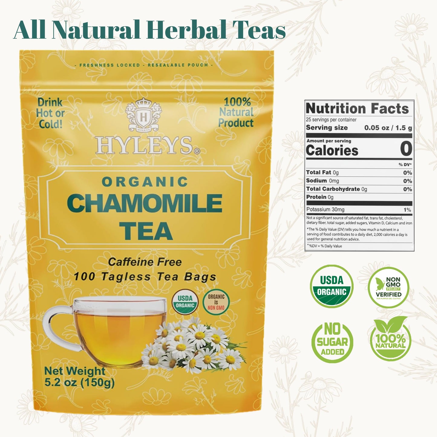 Hyleys Chamomile Tea Organic - 100 Tea Bags - Caffeine Free Herbal Tea