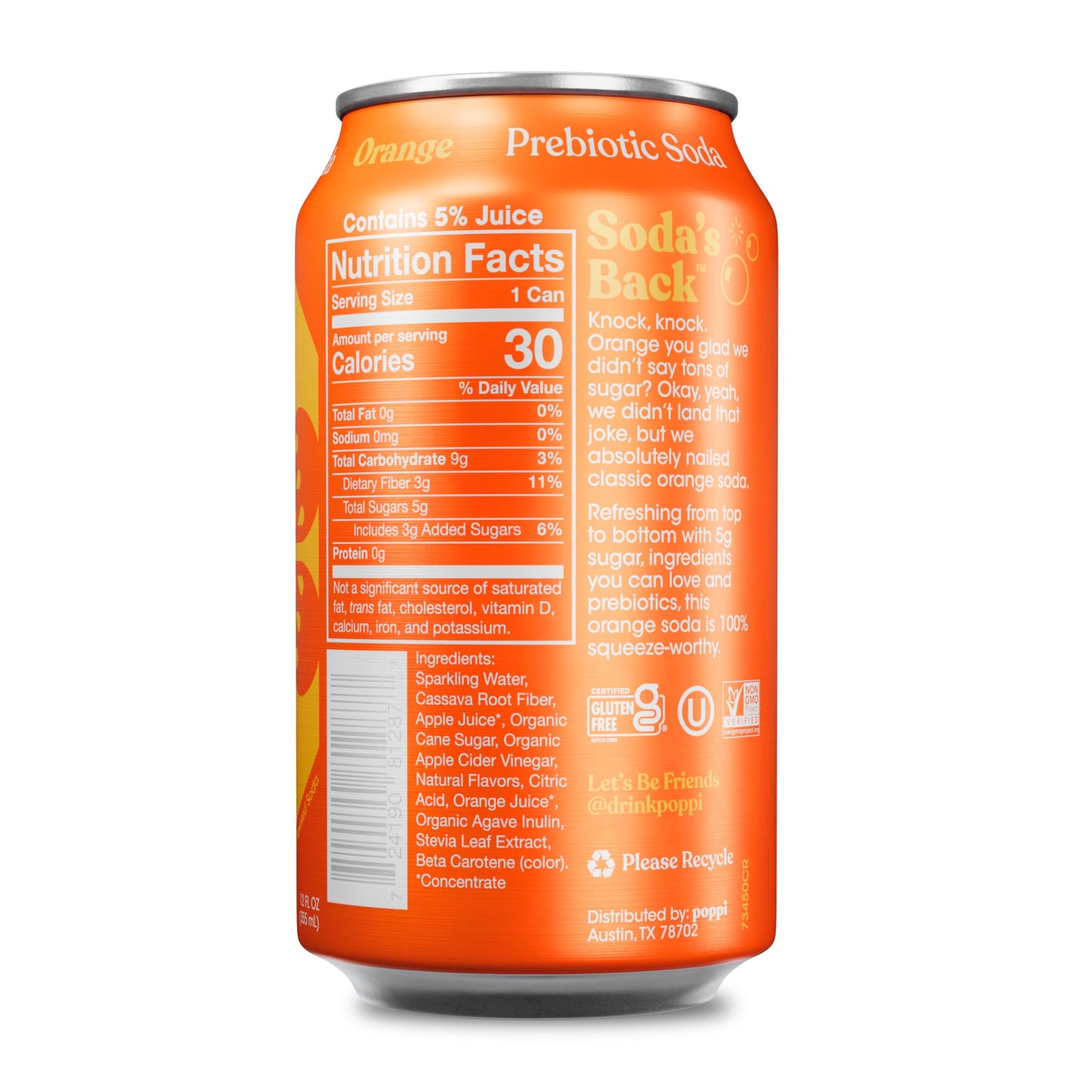 Poppi Sparkling Prebiotic Soda Beverage with Apple Cider Vinegar, Seltzer Water and Fruit Juice, Orange Flavor, 12 Fl Oz, 1 Count, Packaging May Vary