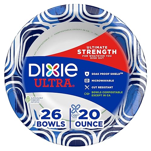 Dixie Ultra, Large Paper Bowls, 20 Oz, 26 Count, Microwave Safe, Compostable, Disposable Bowls Great For Breakfast, Lunch, And Dinner Meals