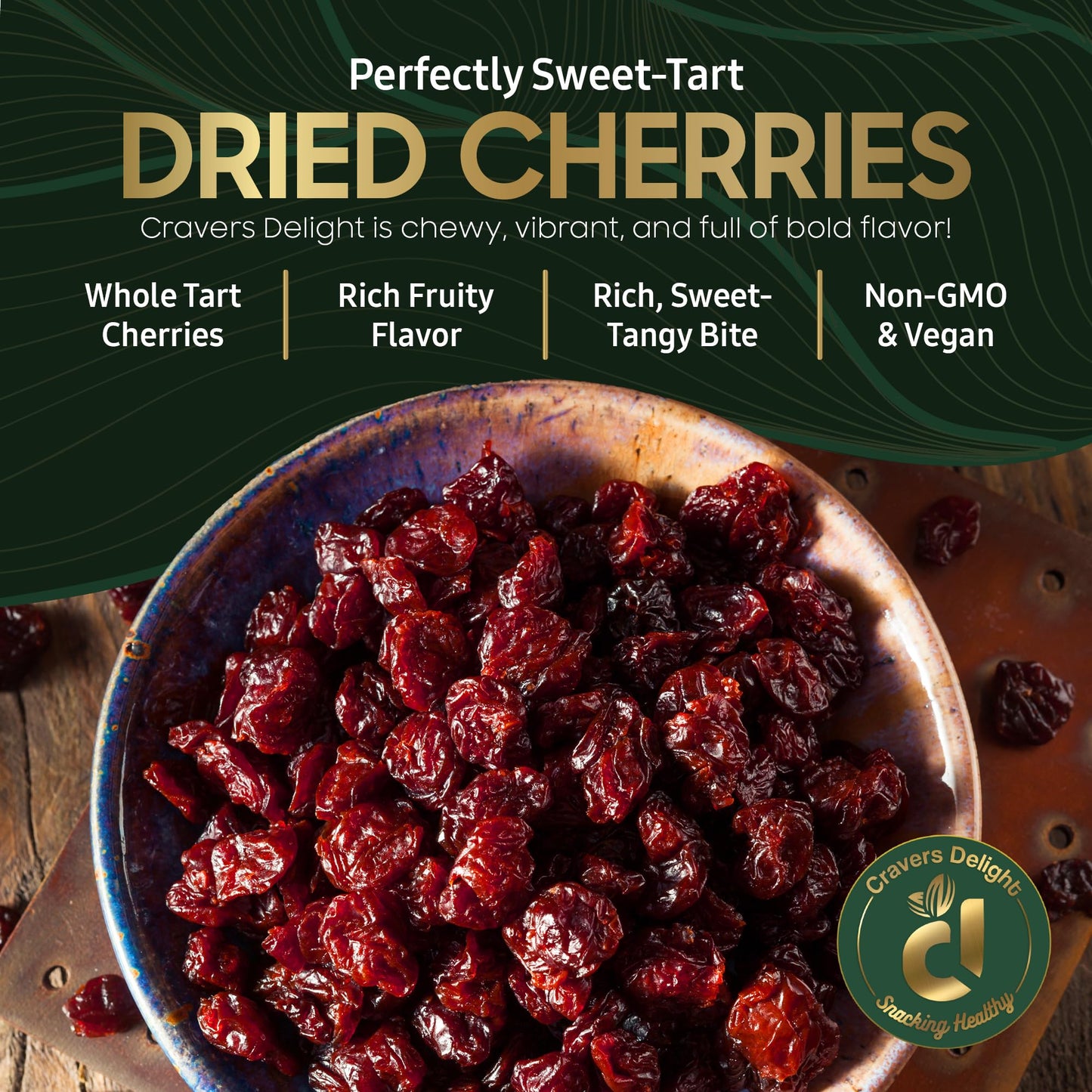 Cravers Delight Sweetened Dried Cherries - 16 oz of Tart Cherry Pitted Dried Fruit, Low Added Sugar - Great for Baking, Mixing & Toppings - Non-GMO