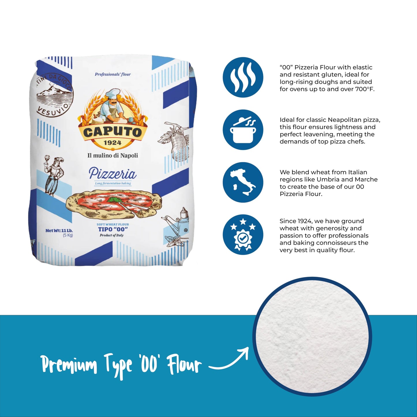 Antimo Caputo Pizzeria Flour Blue, 11 Pound (5Kg) Bag - Italian 00 Flour - Soft Wheat for Pizza Dough - Makes that Perfectly Elastic, Chewy, Crispy